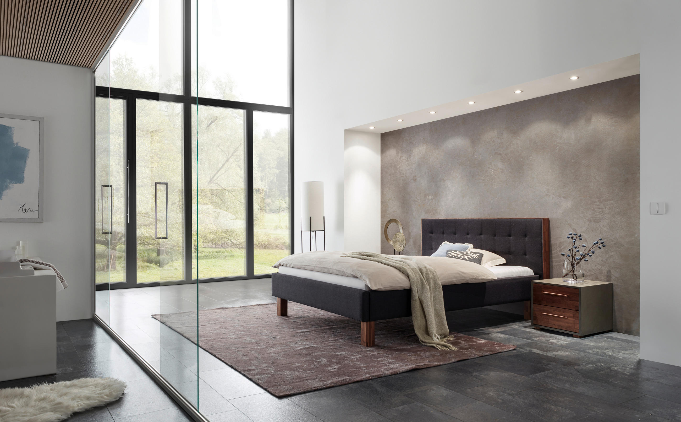 POLSTERBETT 140/200 cm in Anthrazit, Nussbaumfarben - Anthrazit/Nussbaumfarben, KONVENTIONELL, Holz/Textil (140/200cm) - Hasena