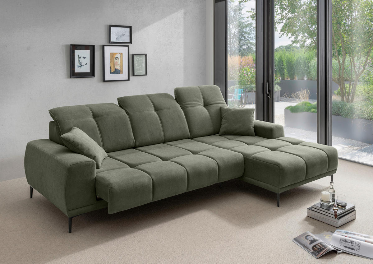 ECKSOFA NESTO Dunkelgrün Chenille Zierkissen, Kopfteilverstellung, Sitztiefenverstellung  - Dunkelgrün/Schwarz, Basics, Textil/Metall (292/187cm) - Livetastic