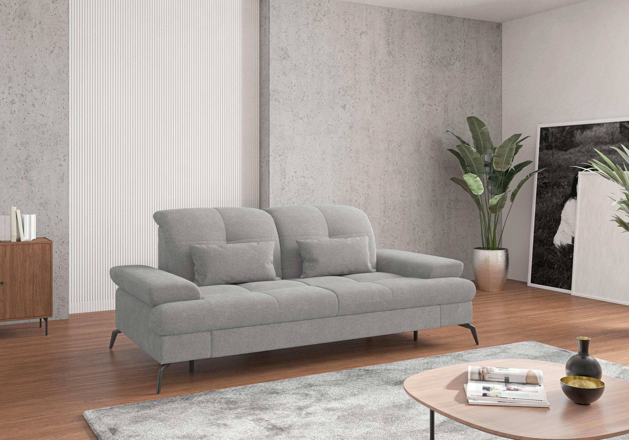 2,5-SITZER in Flachgewebe Hellgrau  - Hellgrau/Schwarz, KONVENTIONELL, Textil/Metall (202/90/122cm) - Sit & More