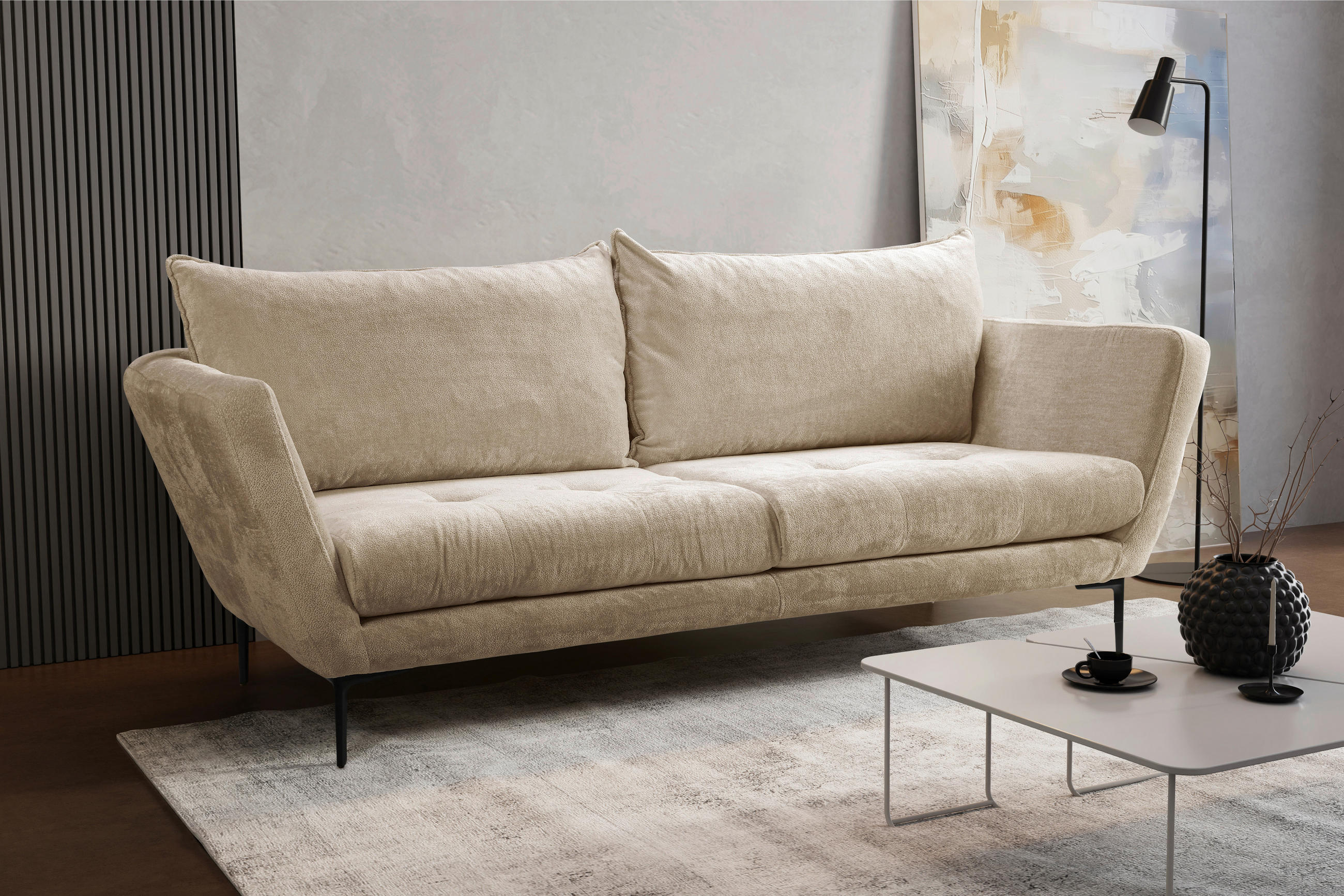 SOFA in Velours Beige  - Beige/Schwarz, Design, Textil/Metall (225/86/95cm) - MID.YOU