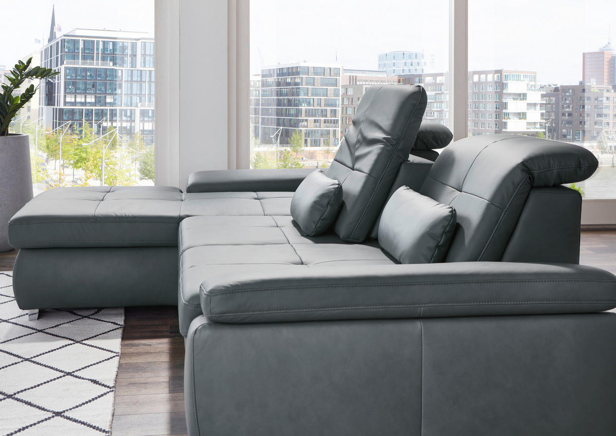 ECKSOFA in Echtleder Beige  - Beige/Alufarben, Design, Leder/Metall (195/309cm) - Beldomo Premium
