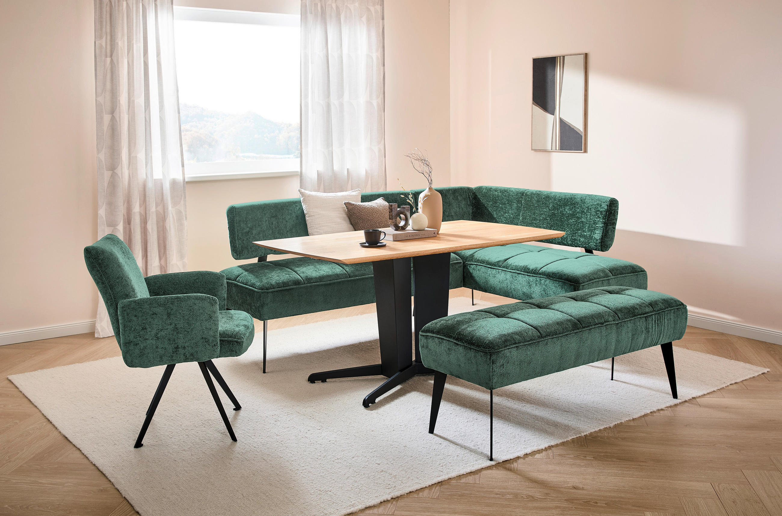 SITZBANK 133/54/47 cm Webstoff Dunkelgrün Metall  - Dunkelgrün/Schwarz, MODERN, Textil/Metall (133/54/47cm) - Welnova