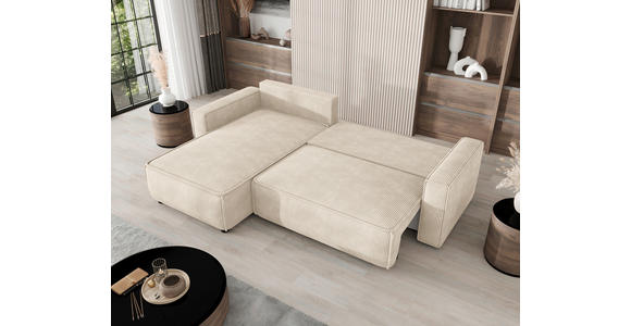 ECKSOFA Creme Cord Zierkissen, Rückenkissen, Bettkasten, Schlaffunktion, Rücken echt, Liegefläche im Originalstoff  - Creme/Schwarz, MODERN, Kunststoff/Textil (190/280cm) - Carryhome