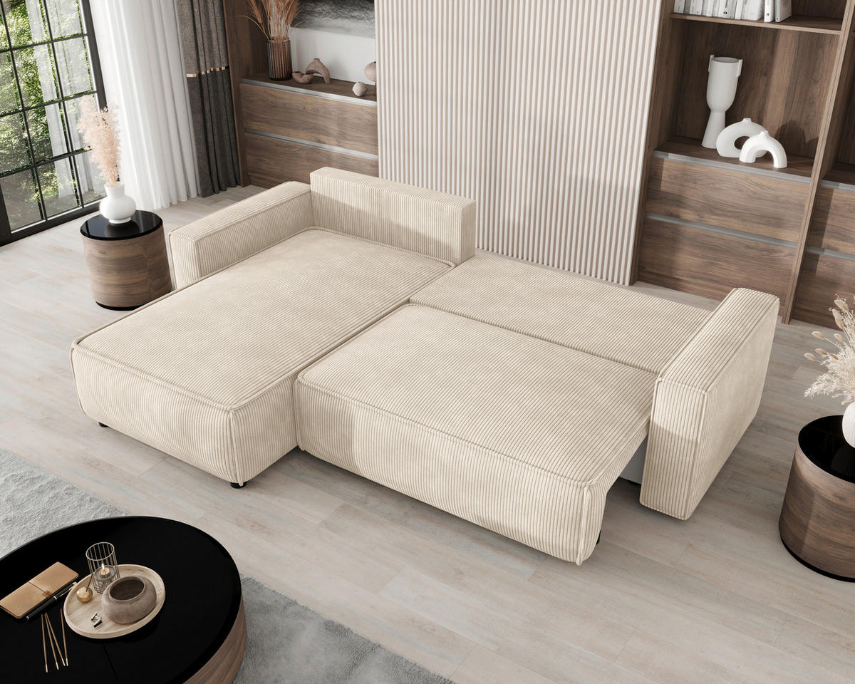 ECKSOFA Creme Cord Zierkissen, Rückenkissen, Bettkasten, Schlaffunktion, Rücken echt, Liegefläche im Originalstoff  - Creme/Schwarz, MODERN, Kunststoff/Textil (190/280cm) - Carryhome