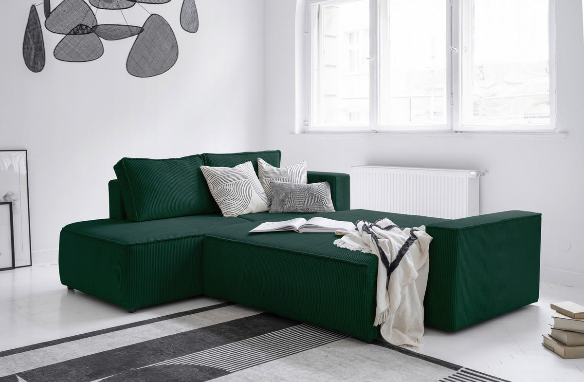 ECKSOFA Dunkelgrün Cord Rückenkissen, Bettkasten  - Dunkelgrün/Schwarz, Design, Kunststoff/Textil (194/247cm) - MID.YOU