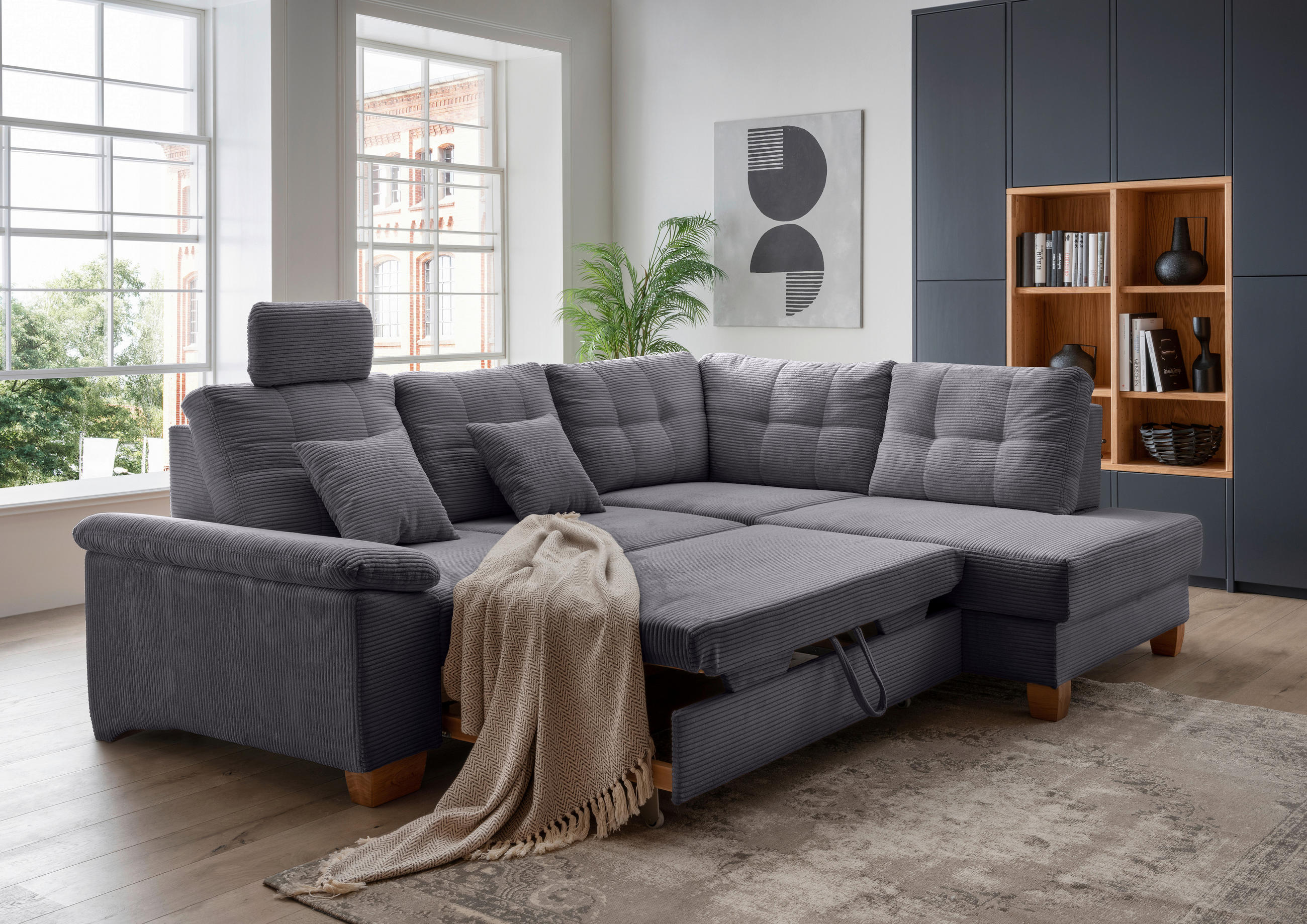 ECKSOFA Grau Cord  - Naturfarben/Grau, MODERN, Holz/Textil (274/206cm) - Livetastic