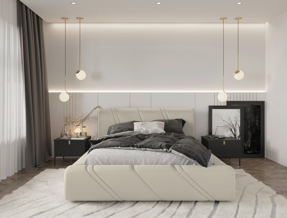 POLSTERBETT 140/200 cm,  in Beige, gepolstertes Kopfteil, Lattenrost, Bettkasten,  - Beige/Schwarz, Design, Holz/Kunststoff (140/200cm) - Chameo