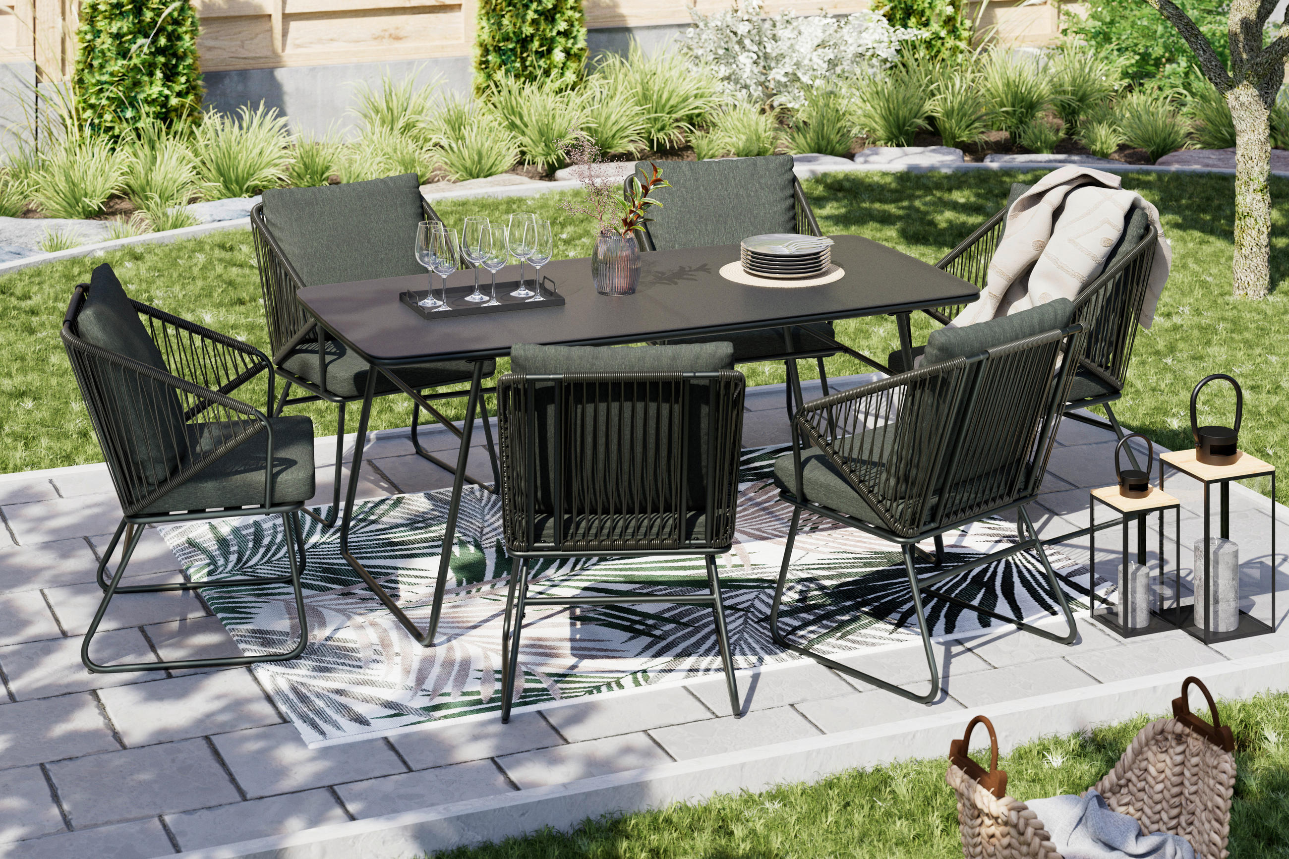 GARNITURA VRTNOG STOLA   metal, plastika, staklo, tekstil  crna, tamno siva    - tamno siva/crna, Design, staklo/metal (58/85/85/76/60/180cm) - Ambia Garden