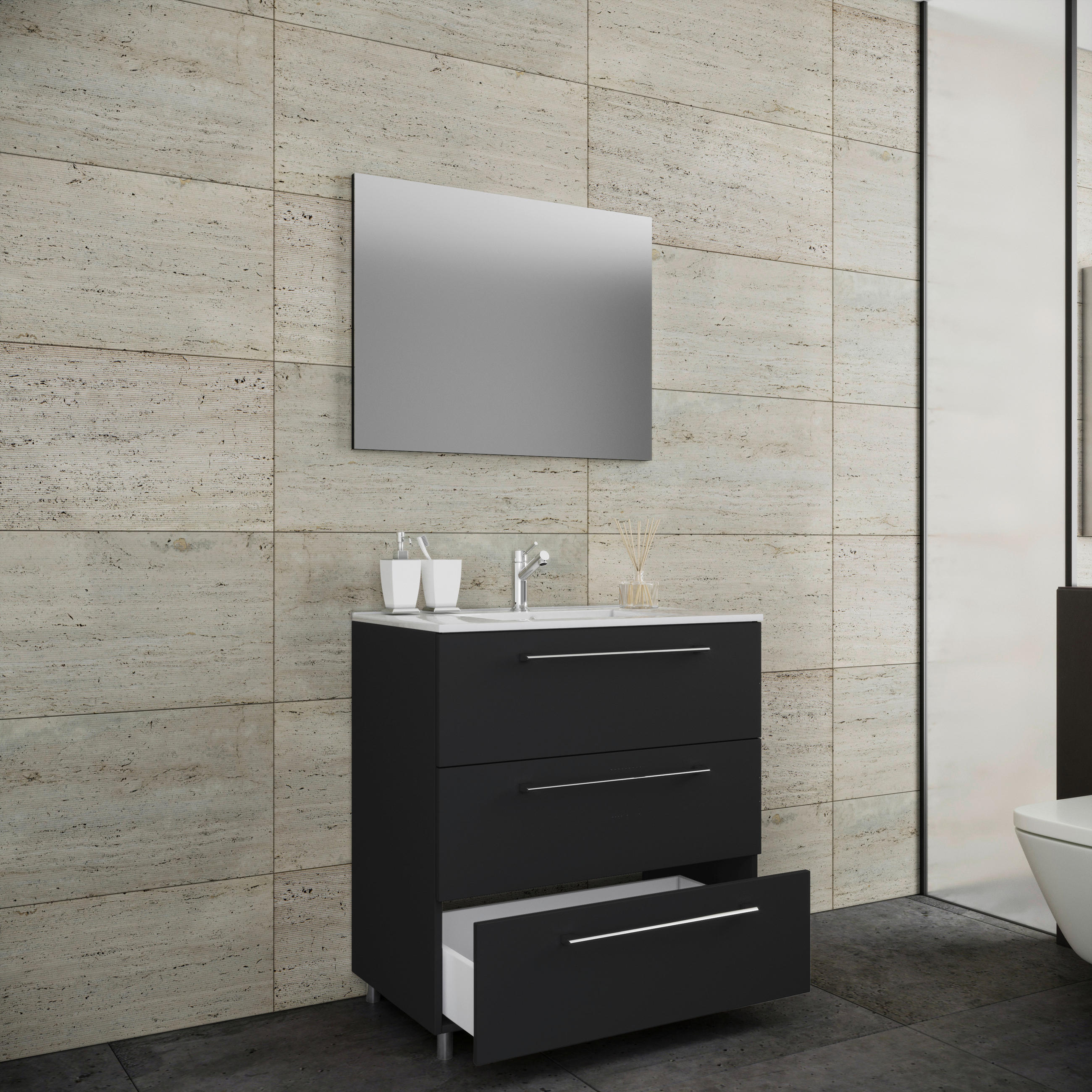 BADEZIMMER 3-teilig in 80 cm - Weiss/Alufarben, Modern, Keramik/Holzwerkstoff (80cm) - MID.YOU