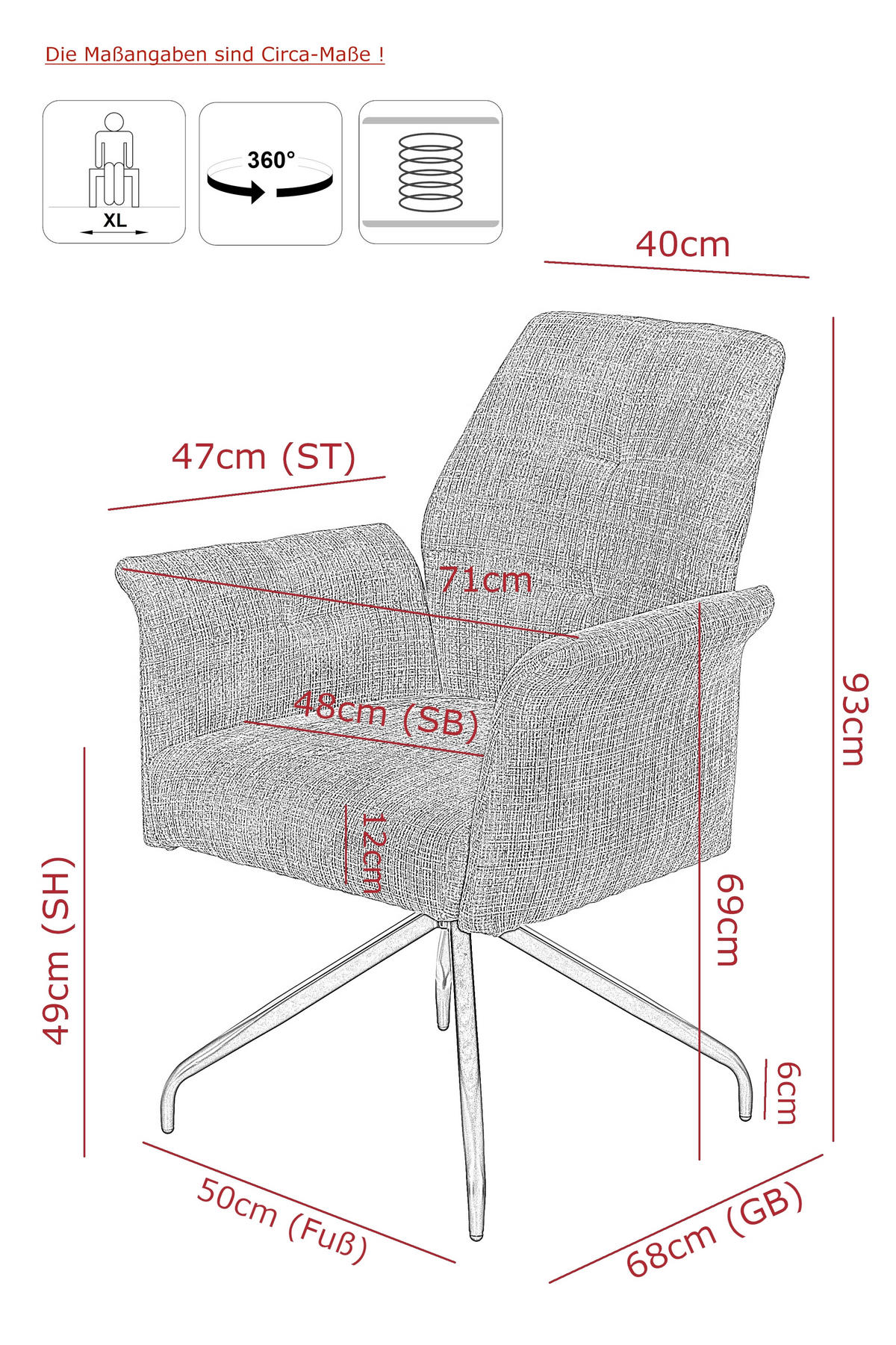 ARMLEHNSTUHL 1 Stück erweiterbar, Sitzfläche 360° drehbar, inklusive Armlehnen, ergonomische Rückenlehne, gepolsterte Armlehnen Webstoff, Mikrofaser  - Hellgrau/Schwarz, MODERN, Textil/Metall (71/93/68cm) - MID.YOU