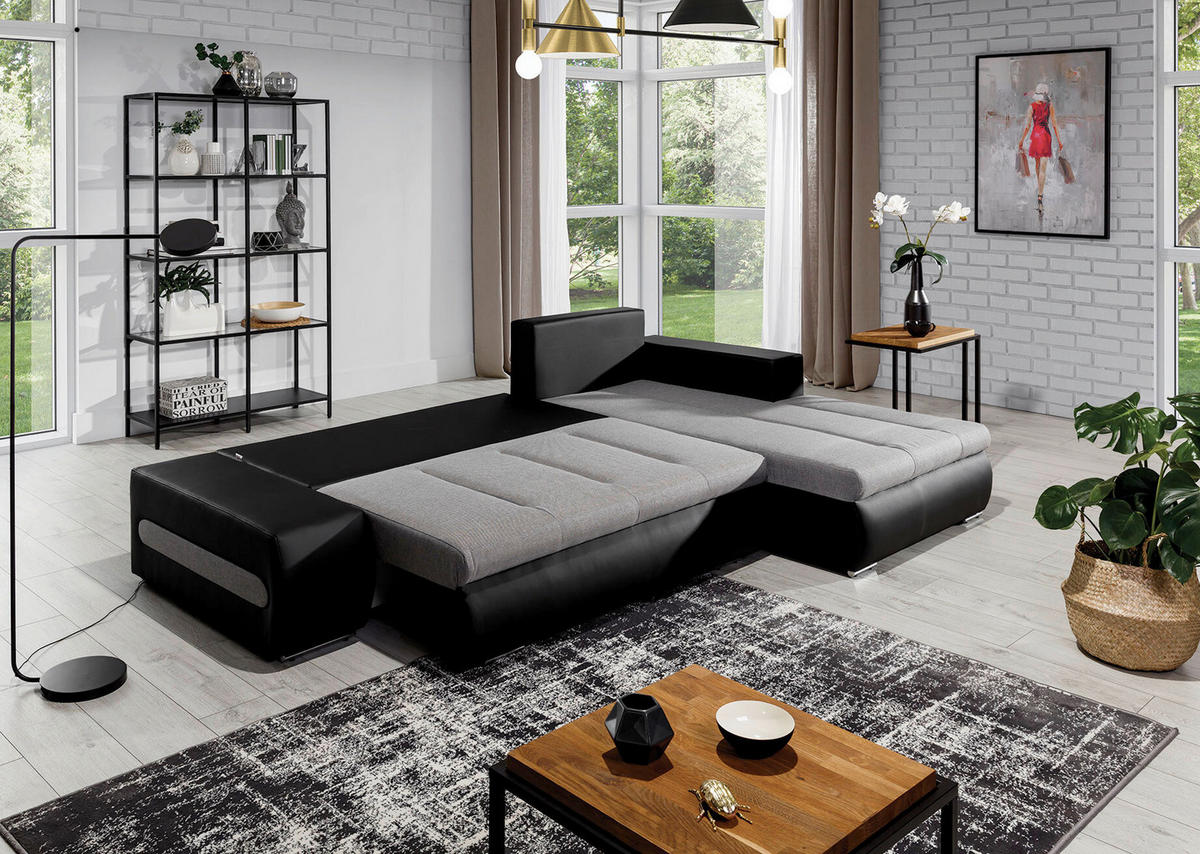 ECKSOFA in Webstoff Schwarz, Hellgrau  275/180 cm  - Chromfarben/Hellgrau, Design, Textil/Metall (275/180cm) - MID.YOU