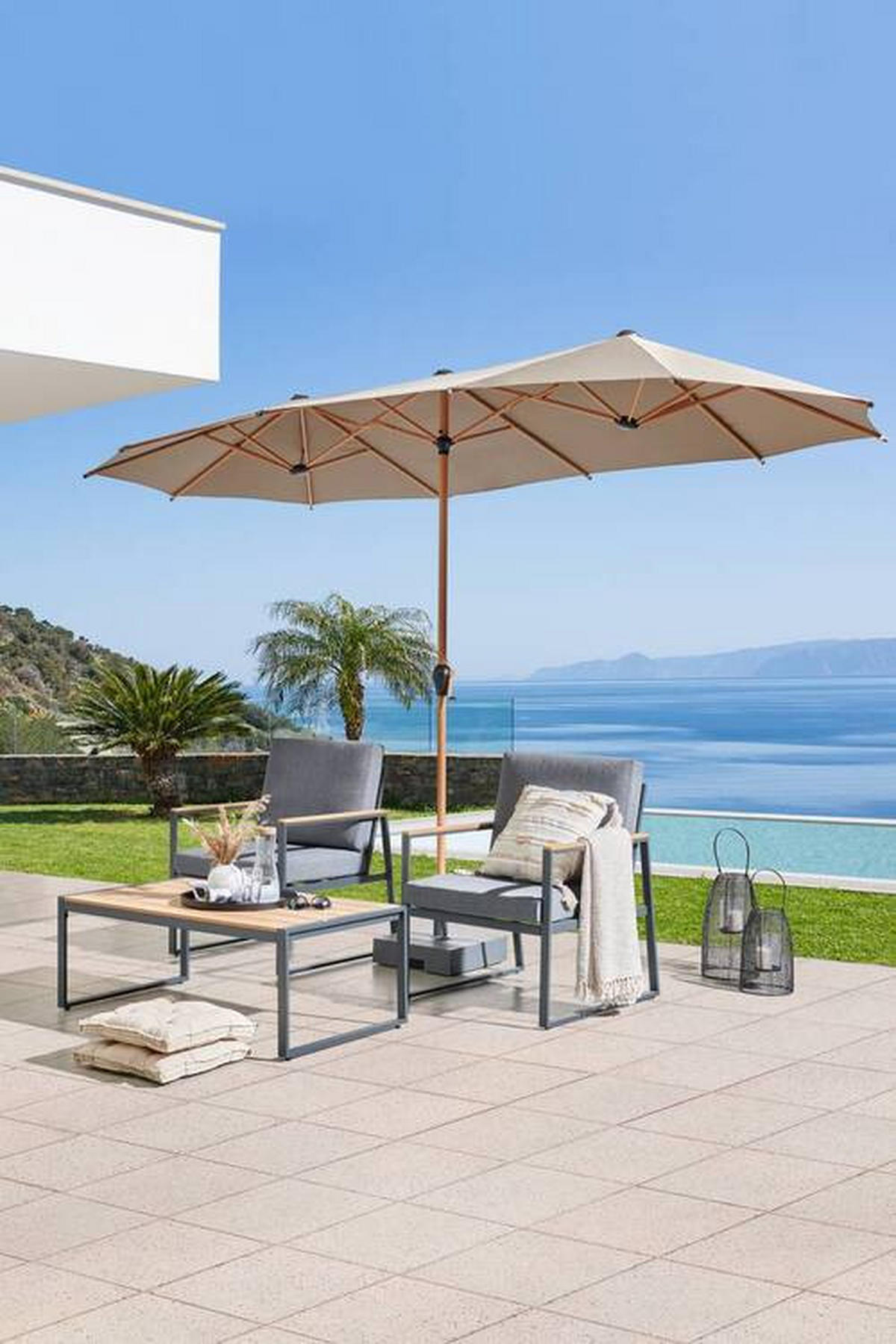 DVOJITÝ SLUNEČNÍK 208/236/400 cm - šedohnědá, Moderní, kov/textil (208/236/400cm) - Ambia Garden