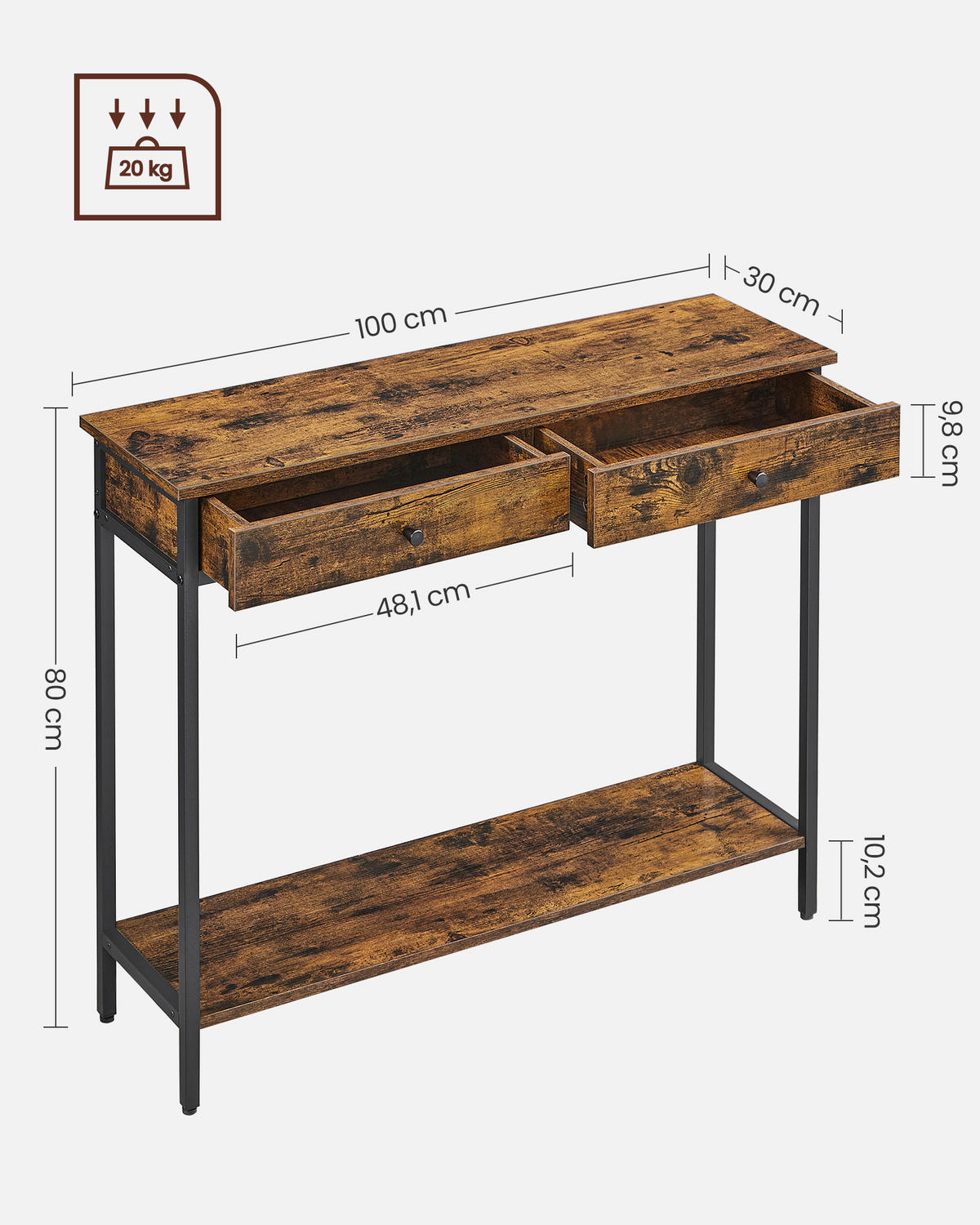 KONSOLENTISCH in Metall, Holzwerkstoff 100/30/80 cm    - Schwarz/Braun, Natur, Holzwerkstoff/Metall (100/30/80cm) - Boxxx