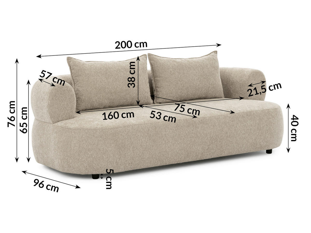 3-SITZER-SOFA Chenille Beige  - Beige/Schwarz, Design, Kunststoff/Textil (200/76/96cm) - Livetastic