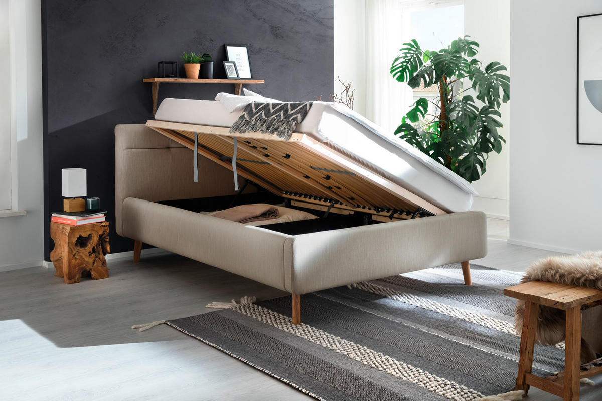 POLSTERBETT Bettkasten, Lattenroste Beige 140/200 cm  - Eichefarben/Birkefarben, KONVENTIONELL, Holz/Textil (140/200cm) - Boxxx