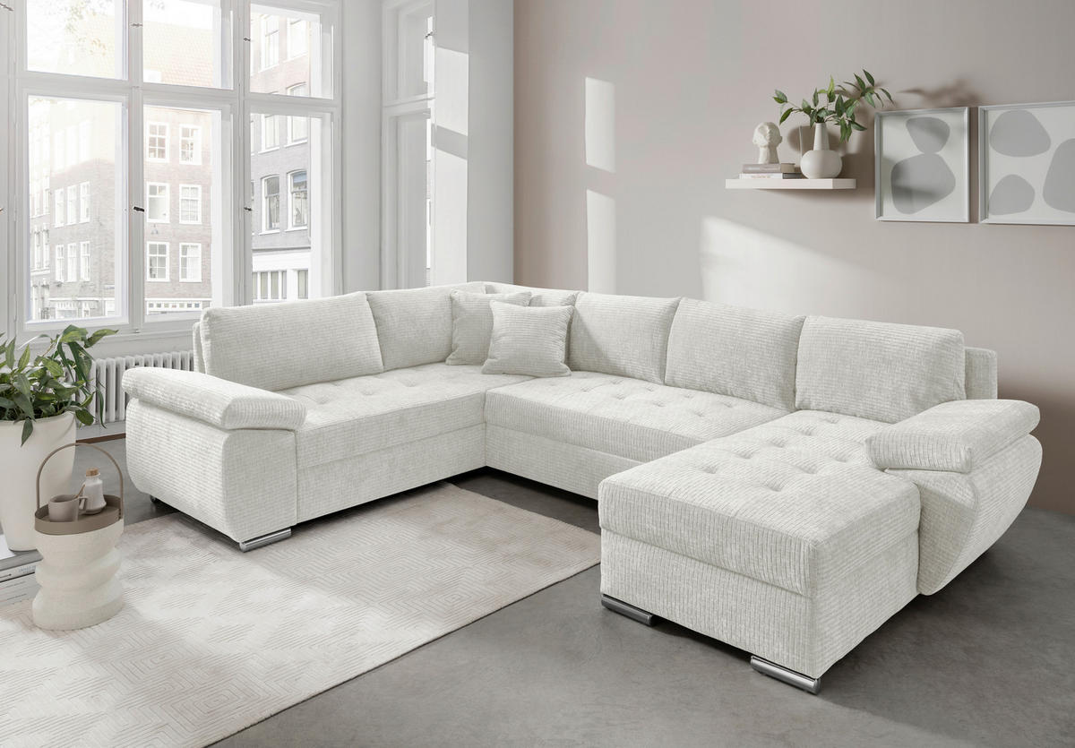 Wohnlandschaft Creme Mikrofaser  - Chromfarben/Creme, KONVENTIONELL, Textil/Metall (219/305/157cm) - Livetastic