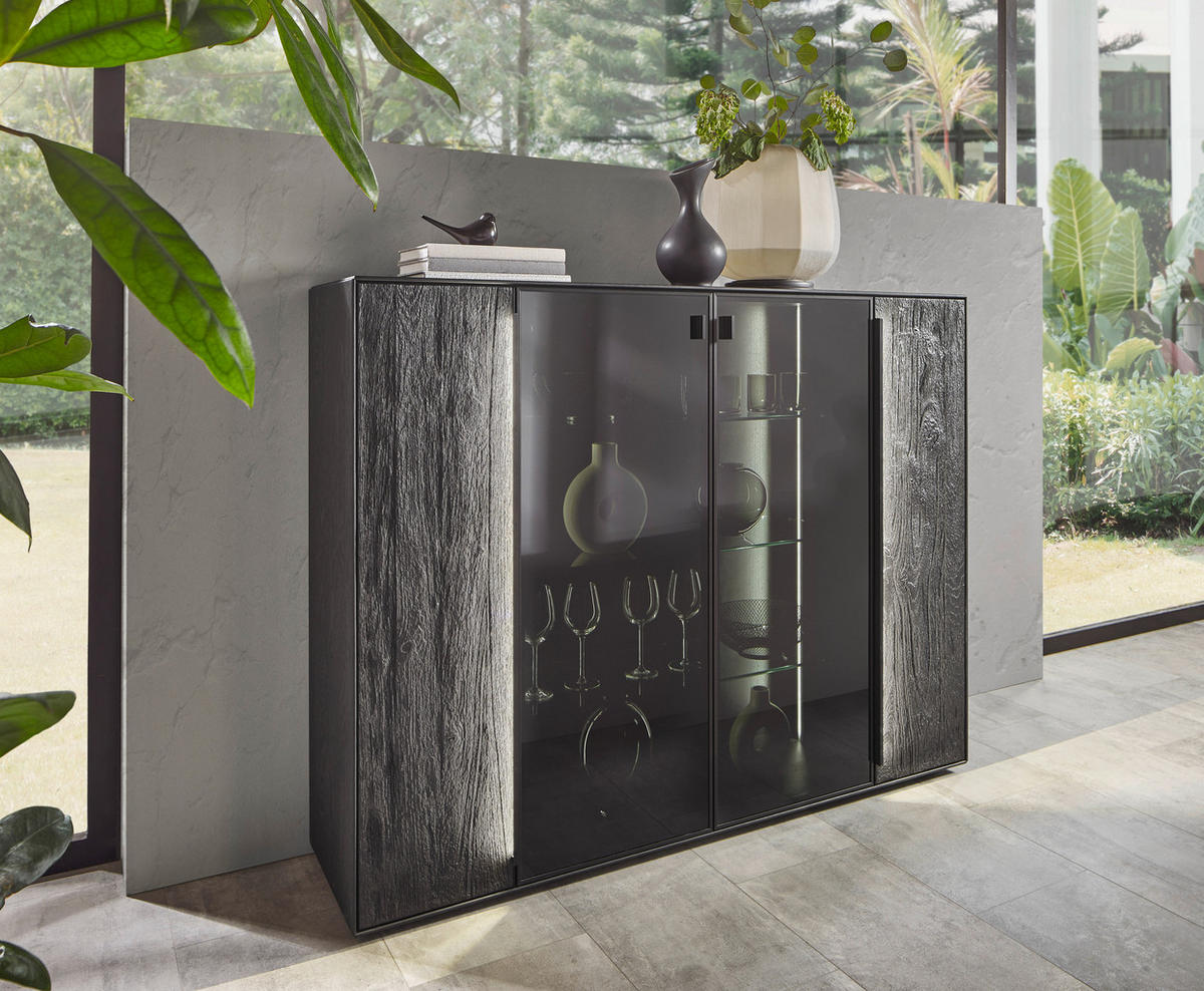 SIDEBOARD Schwarz, Eichefarben  152/119,1/39,5 cm  - Eichefarben/Anthrazit, Natur, Glas/Holz (152/119,1/39,5cm) - Valnatura