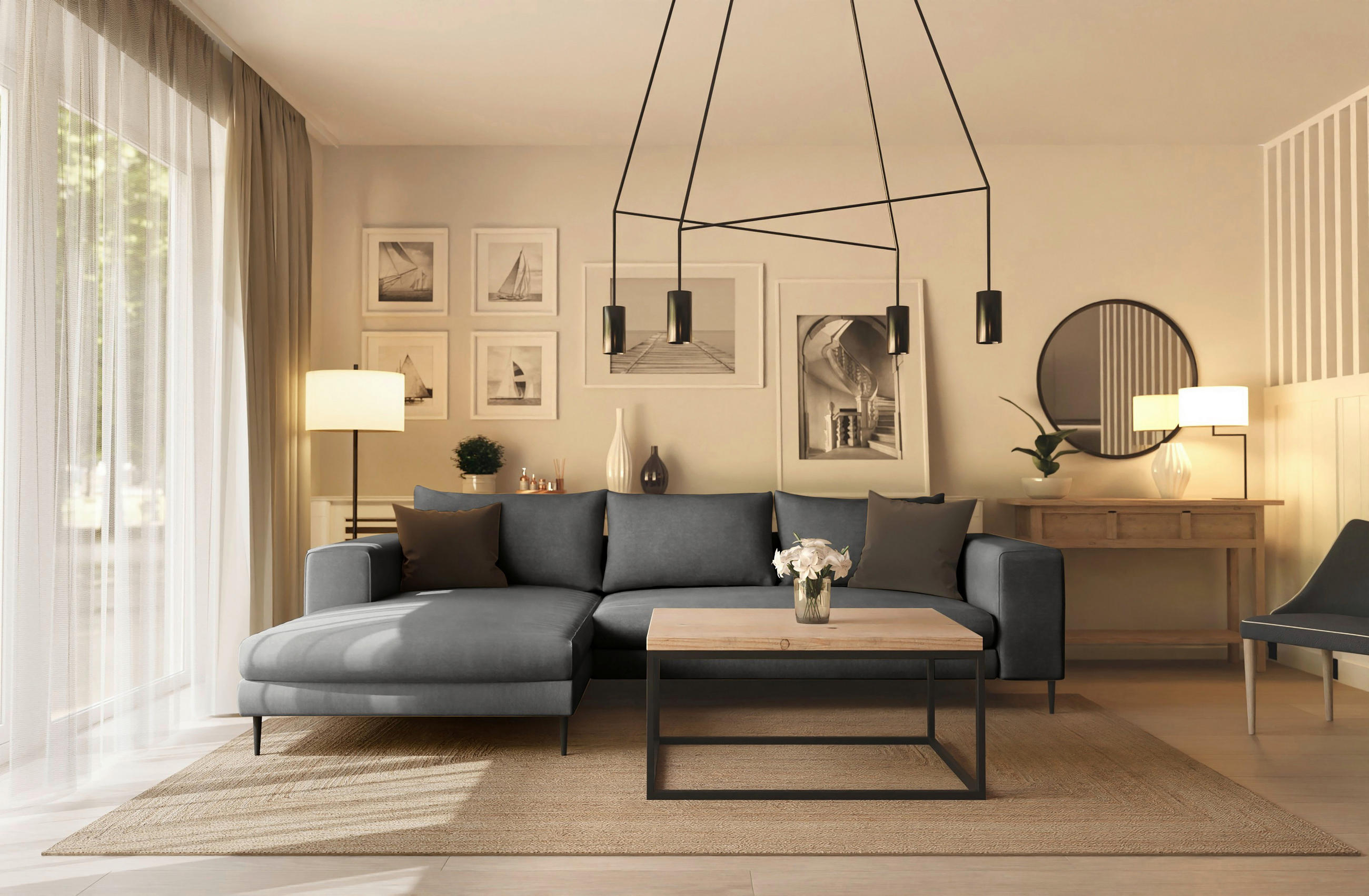 ECKSOFA in Struktur Dunkelgrau - Dunkelgrau/Schwarz, Modern, Textil/Metall (170/325cm) - Trendmanufaktur