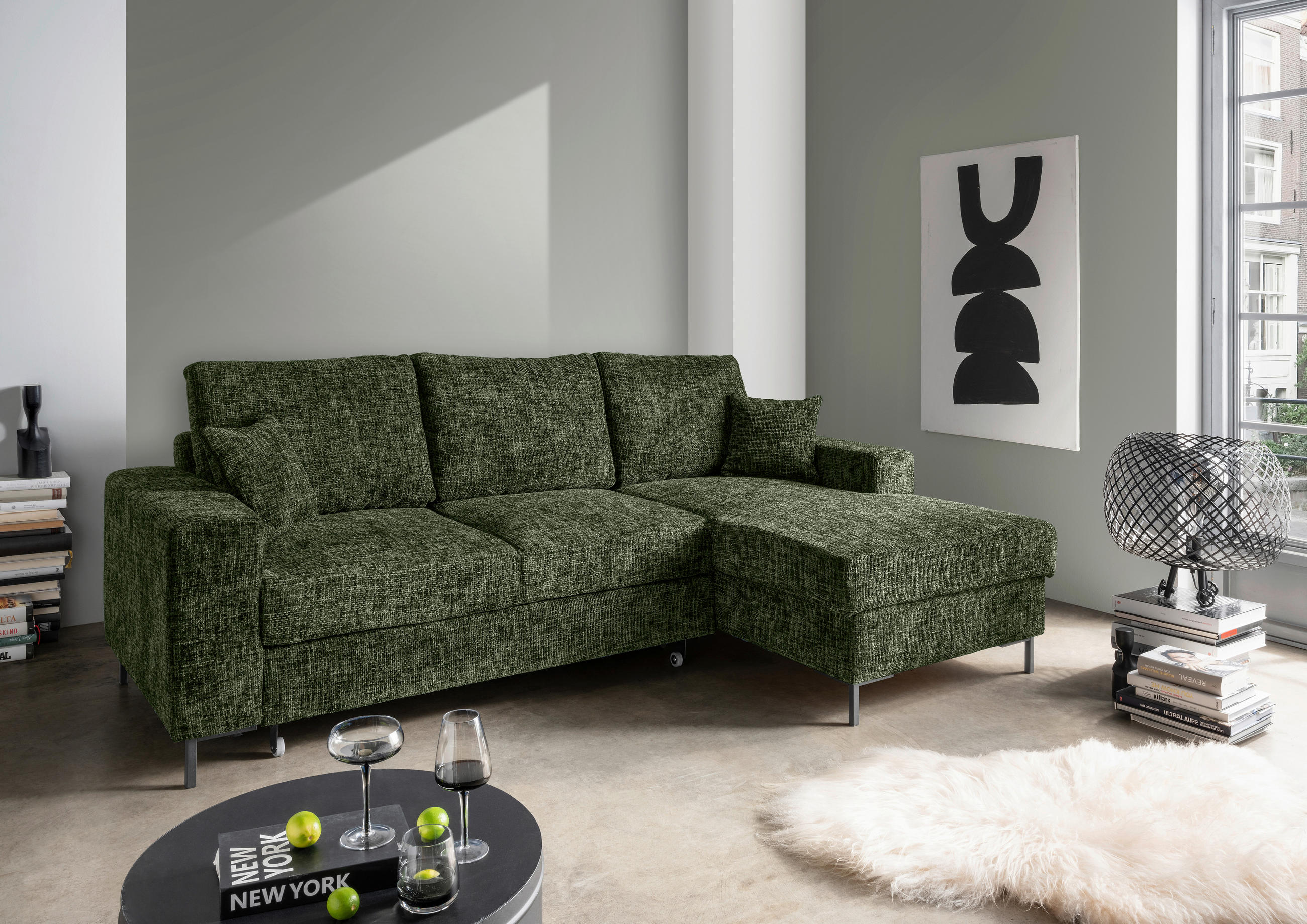ECKSCHLAFSOFA in Struktur Dunkelgrün  - Dunkelgrün/Schwarz, KONVENTIONELL, Textil/Metall (237/143cm) - Livetastic
