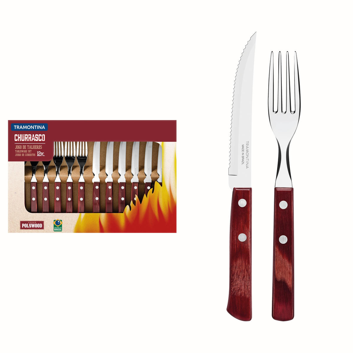 STEAKBESTECK Churrasco 12-teilig  - Edelstahlfarben/Rot, Basics, Holz/Metall (21.2cm)