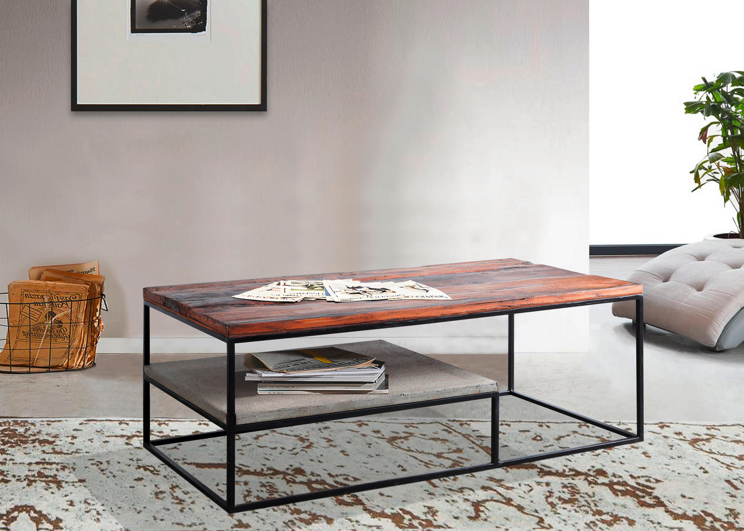 COUCHTISCH Akazie, Recyclingholz massiv 120/60/45 cm rechteckig Grau, Hellbraun  - Hellbraun/Schwarz, Design, Holz/Stein (120/60/45cm) - Carryhome