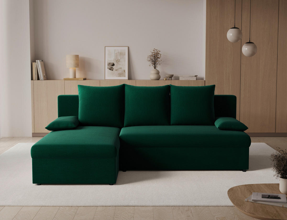 ECKSOFA GINO in Samt Dunkelgrün  201/143 cm  - Dunkelgrün/Schwarz, Design, Kunststoff/Textil (201/143cm) - MID.YOU