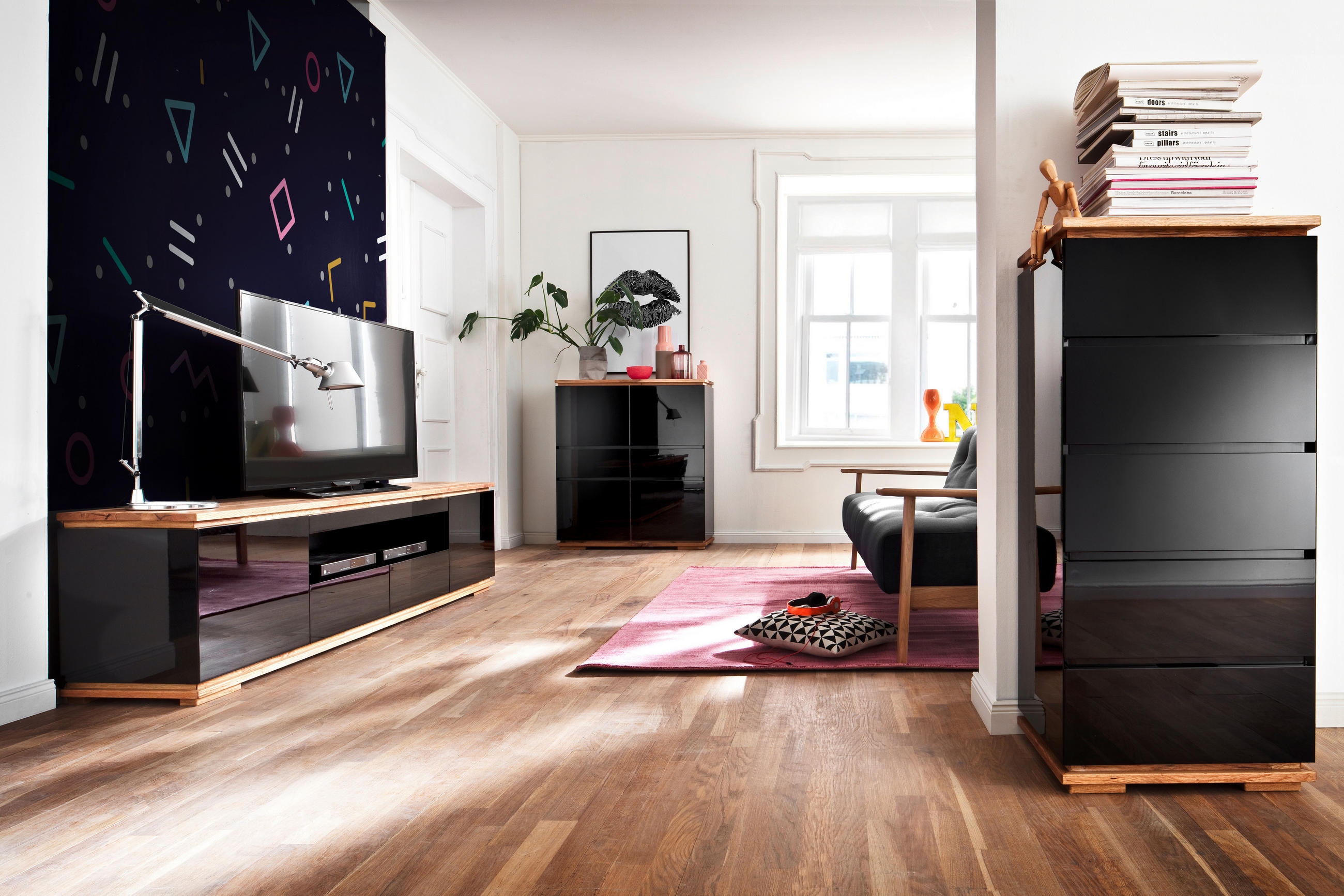 LOWBOARD Asteiche, Eiche massiv Schwarz, Eichefarben - Eichefarben/Schwarz, Design, Holz (202/54/40cm)