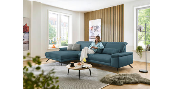 ECKSOFA in Echtleder Blau  - Blau/Schwarz, Design, Leder/Metall (193/332cm) - Dieter Knoll