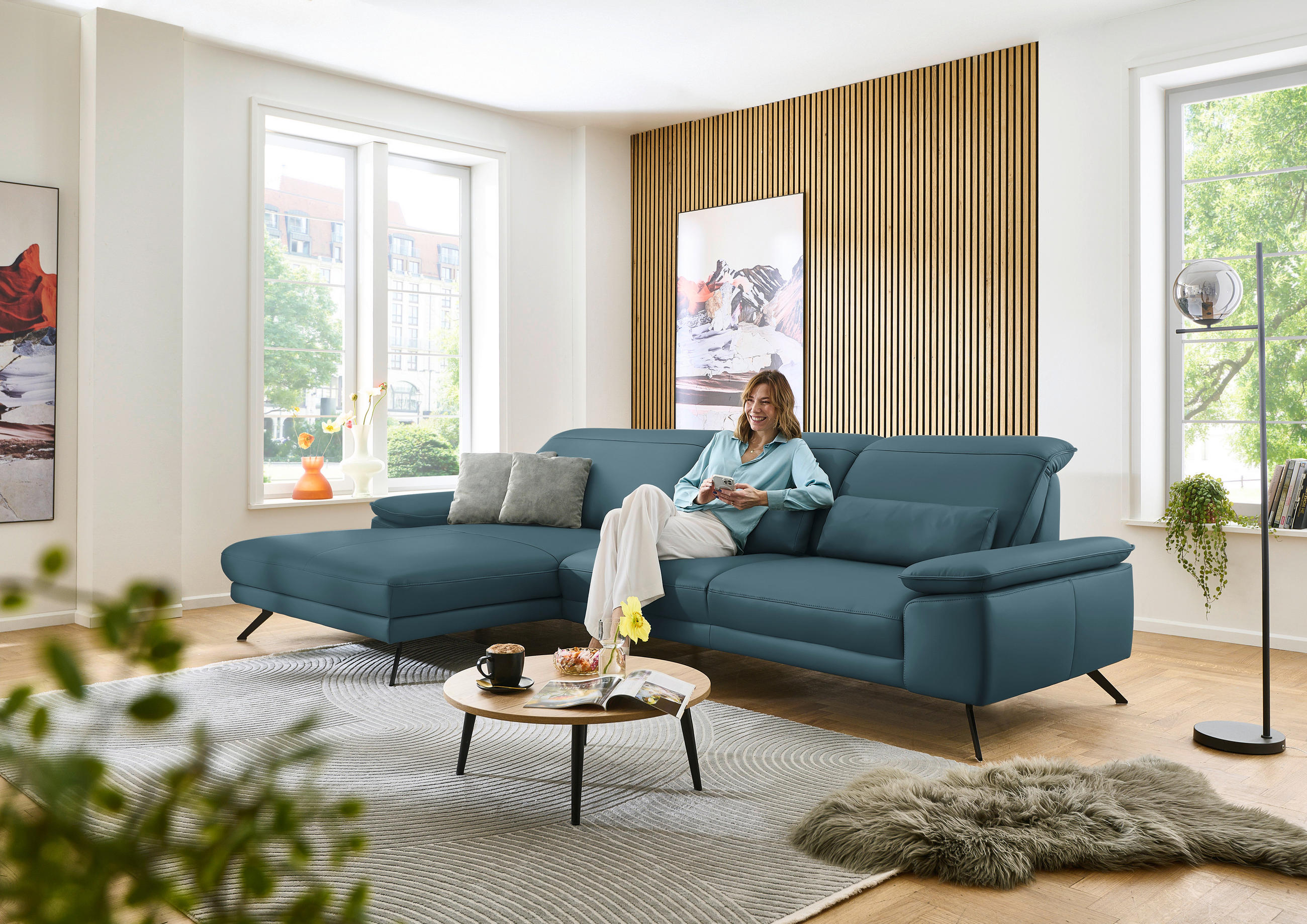 ECKSOFA in Echtleder Blau  - Blau/Schwarz, Design, Leder/Metall (193/332cm) - Dieter Knoll