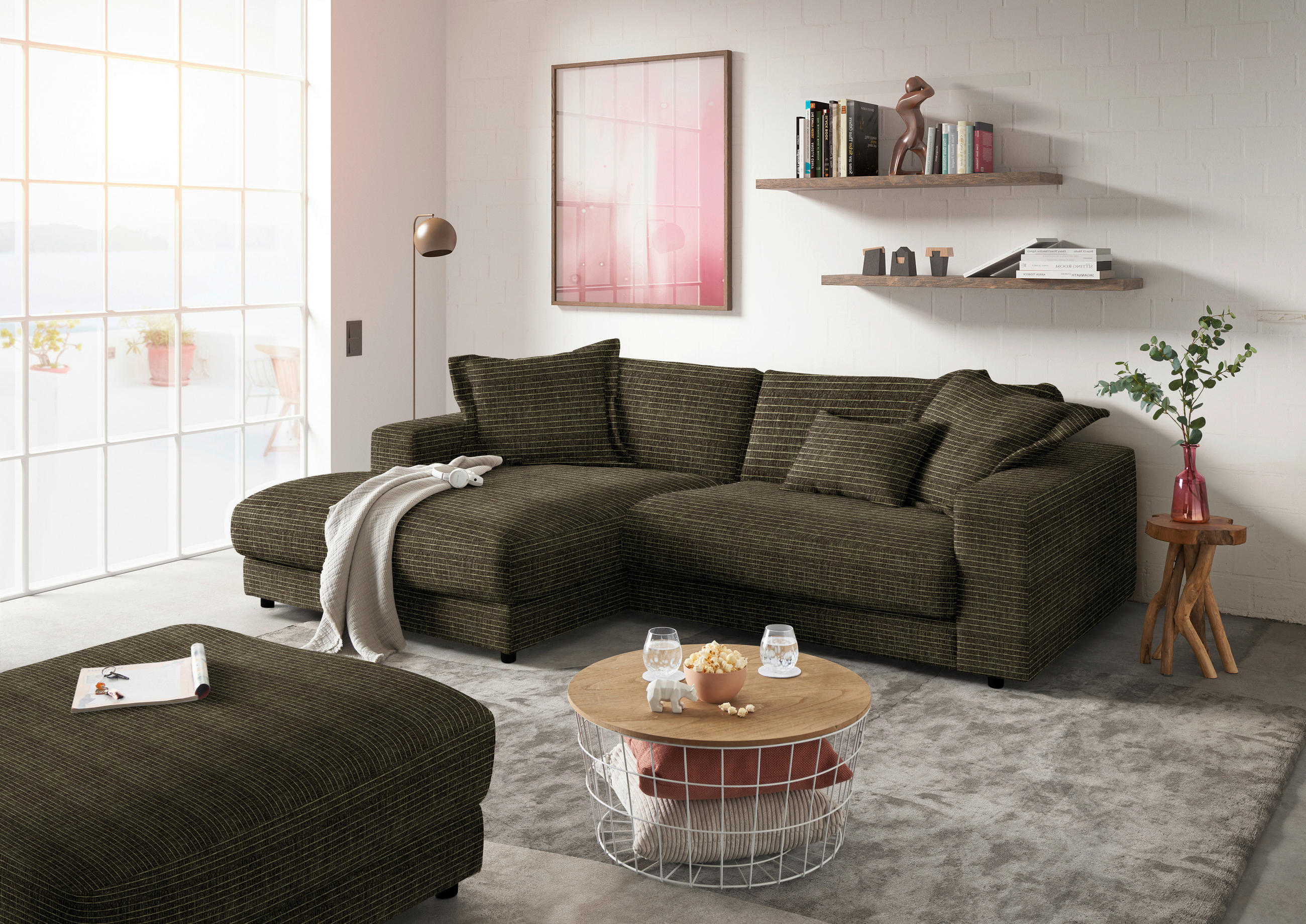 ECKSOFA in Chenille Olivgrün  190/270 cm  - Schwarz/Olivgrün, Design, Kunststoff/Textil (190/270cm) - Lomoco