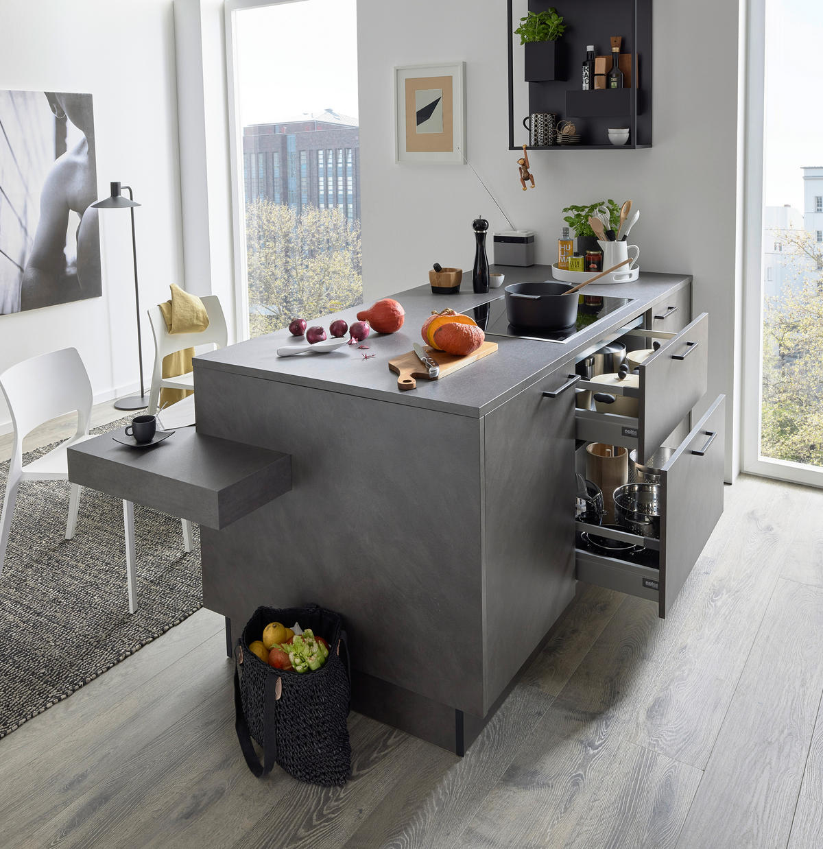 EINBAUKÜCHE DK411  - Weiß Hochglanz/Grau, Design, Holzwerkstoff - Dieter Knoll
