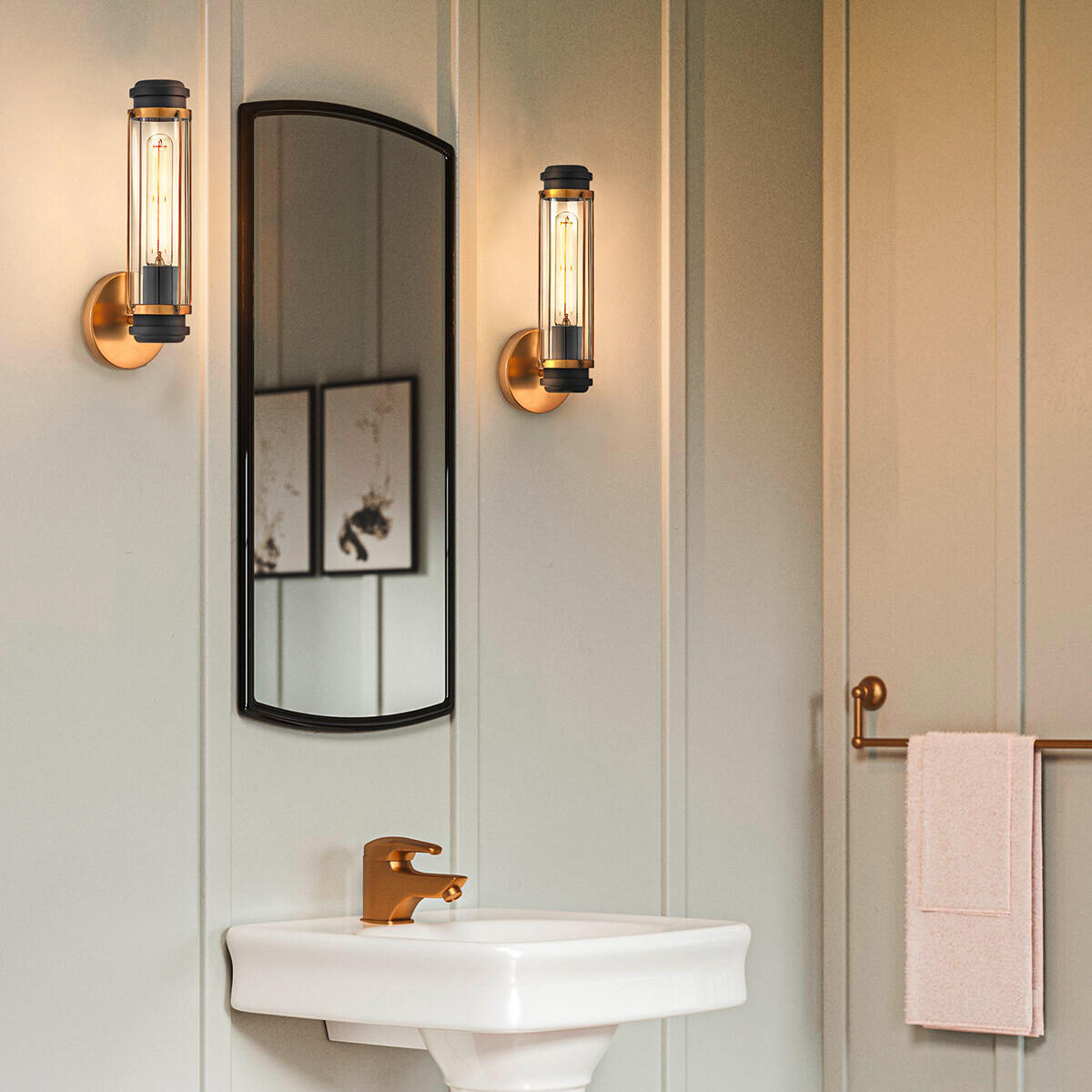 BADEZIMMER-WANDLEUCHTE - Messingfarben/Schwarz, Konventionell, Glas/Metall (35,1/12,2/12,8cm) - Elstead Lighting