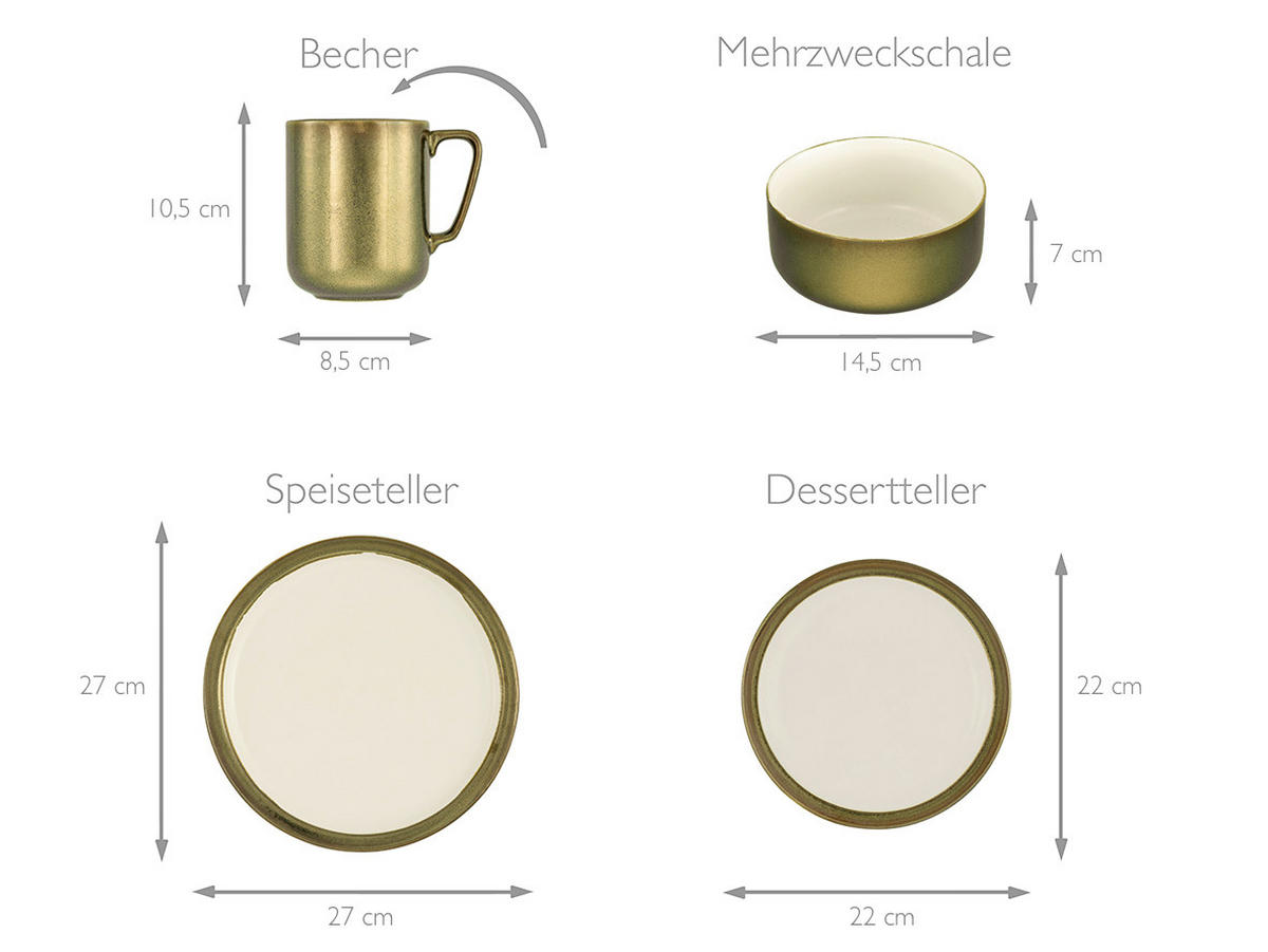 KOMBINOVANÁ SOUPRAVA, 8dílné, kamenina - bílá/barvy zlata, keramika (30/30/29cm) - Creatable