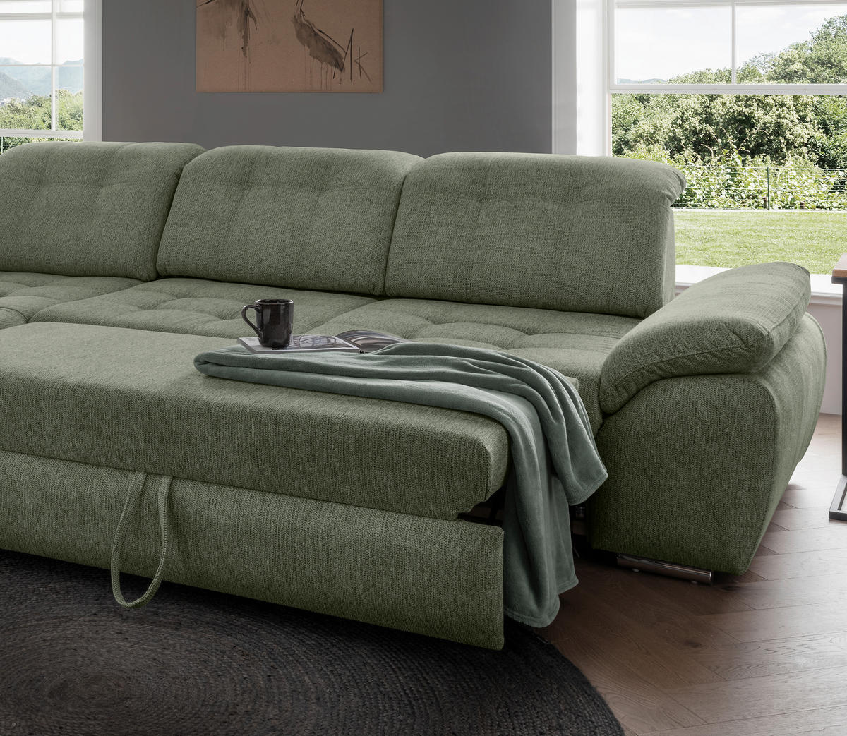 ECKSOFA Flachgewebe Dunkelgrün  - Chromfarben/Dunkelgrün, Modern, Textil/Metall (254/308cm) - Livetastic