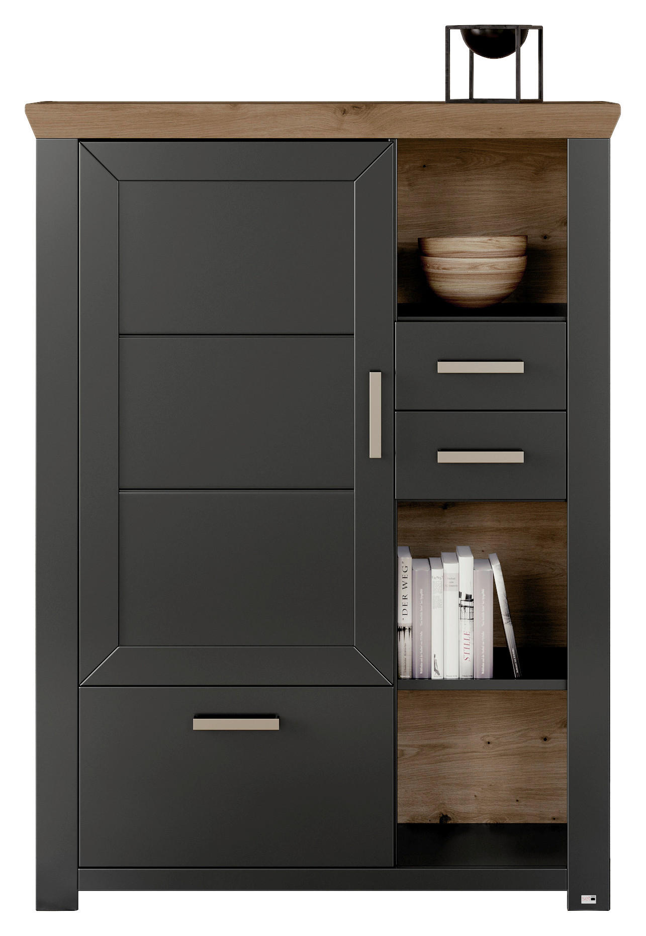 Thumbnail - SetOne by Musterring Highboard, Graphit, Eiche Artisan, Metall, 2 Fächer, 3 Schublade(n) Schubladen, 104.5x142.6x42.2 cm...