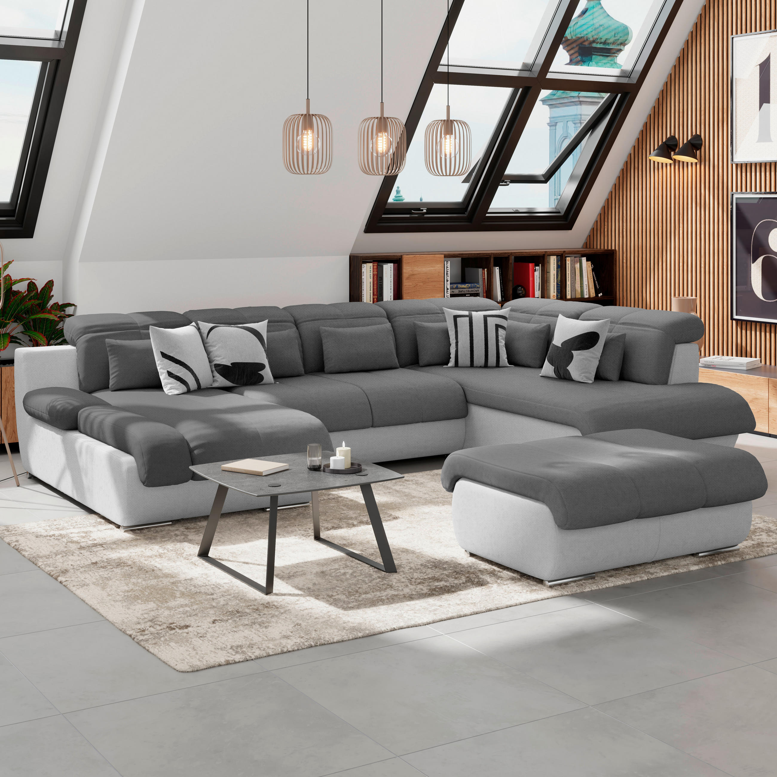 WOHNLANDSCHAFT Hellgrau, Dunkelgrau Mikrofaser  - Chromfarben/Dunkelgrau, MODERN, Textil/Metall (184/345/228cm) - MID.YOU