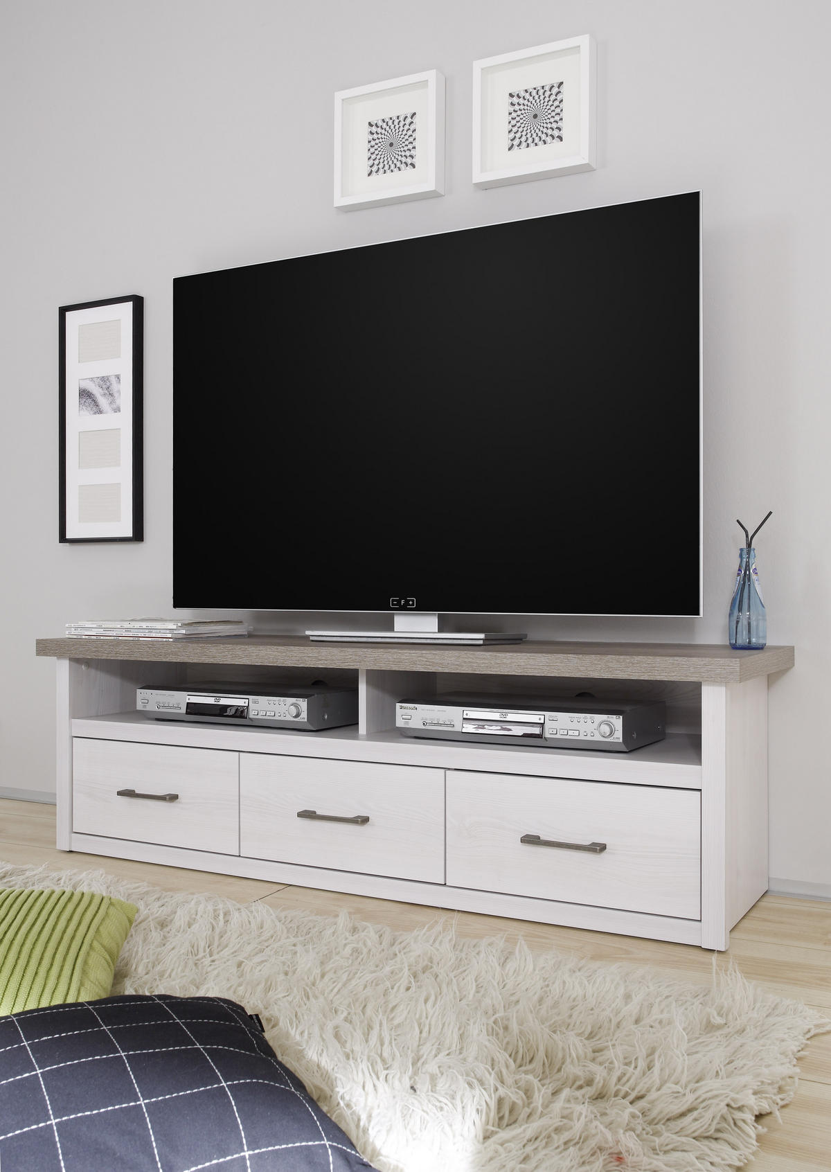 KOMODA POD TELEVIZI, bílá, barvy lanýžového dubu, 148/46/43 cm - bílá/barvy grafitu, Lifestyle, kov/kompozitní dřevo (148/46/43cm) - Carryhome