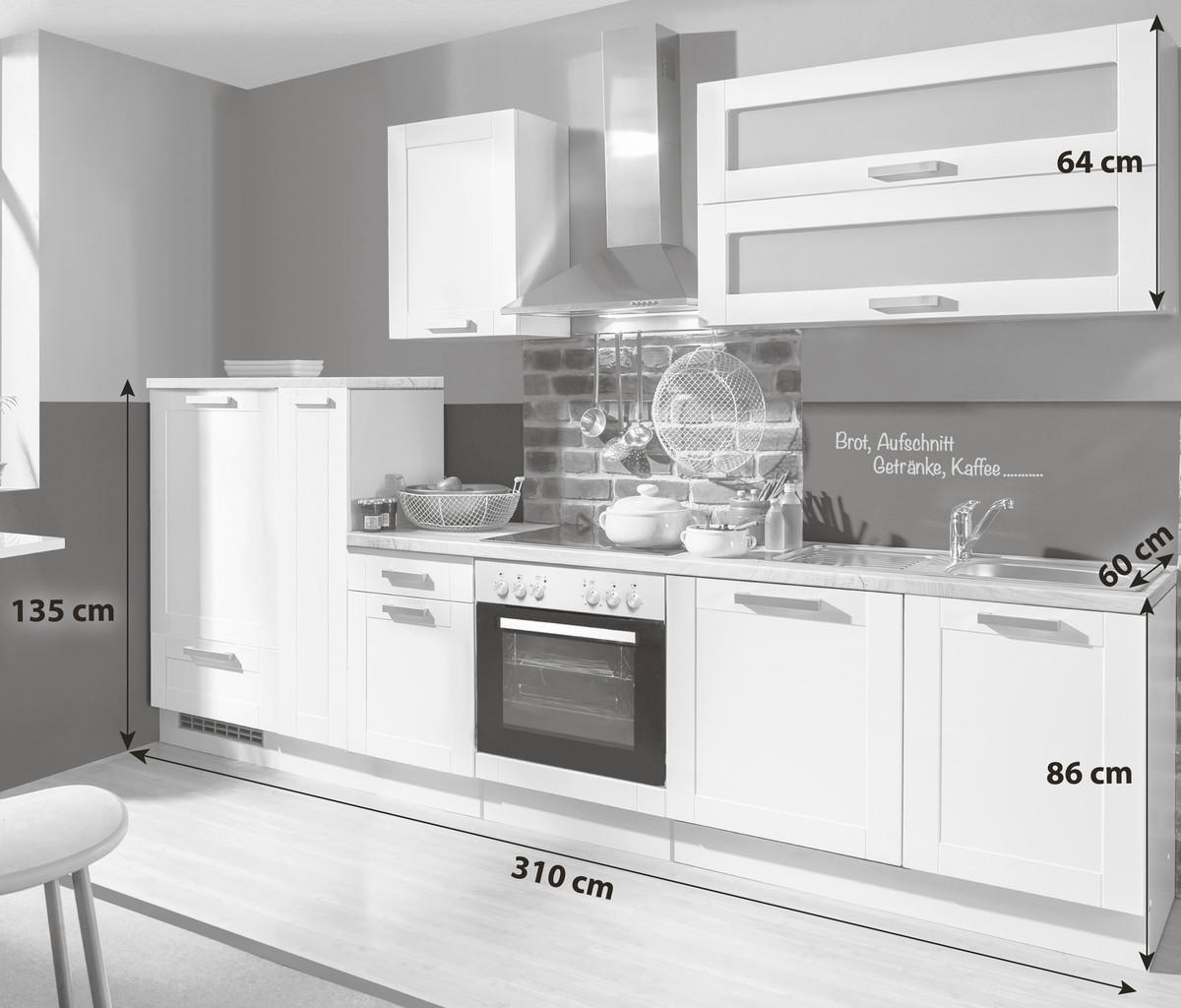 KÜCHENBLOCK 310 cm   in Weiß  - Silberfarben/Weiß, KONVENTIONELL, Holzwerkstoff/Kunststoff (310cm) - Menke
