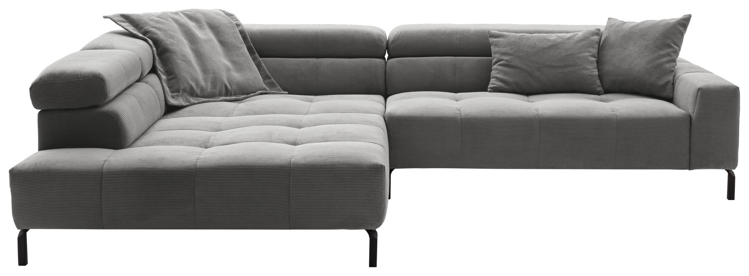ECKSOFA Dunkelgrau Cord Rücken echt, Kopfteilverstellung, Sitzvorzug  - Dunkelgrau/Schwarz, KONVENTIONELL, Textil/Metall (219/311cm) - Hom`in