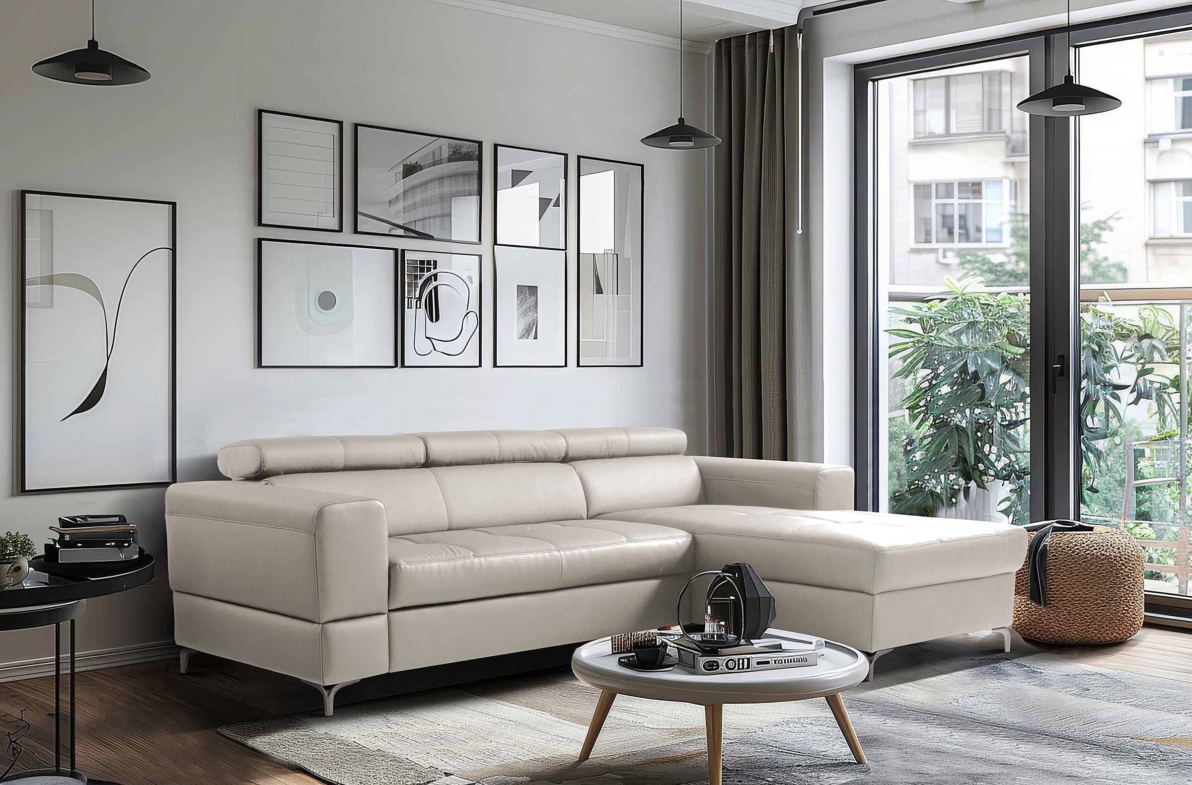 ECKSOFA Platinfarben Echtleder Lederlook Bettkasten, Schlaffunktion, Rücken echt, Kopfteilverstellung  - Platinfarben/Schwarz, Design, Leder/Textil (247/173cm) - Livetastic
