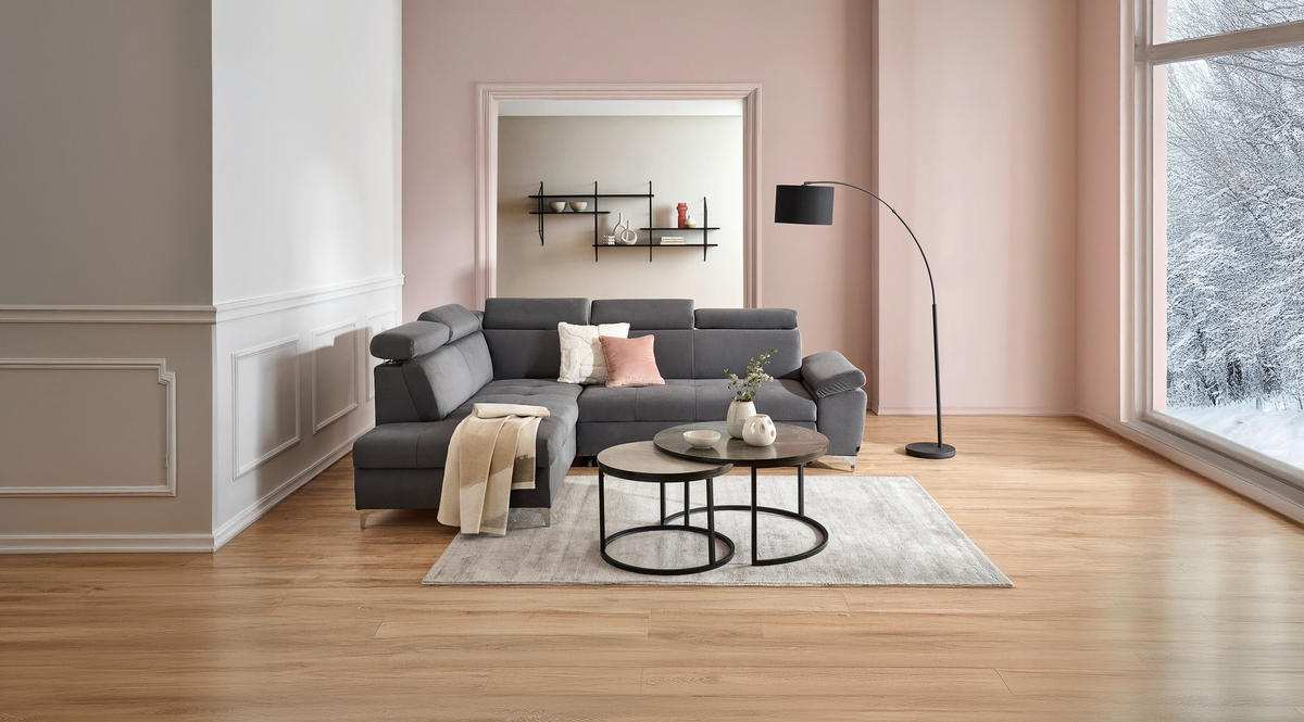 ECKSOFA Dunkelgrau Mikrofaser Schlaffunktion, Rücken echt, Kopfteilverstellung, Liegefläche im Originalstoff, Stauraum, Armteilverstellung, Bettkasten  - Chromfarben/Dunkelgrau, KONVENTIONELL, Textil/Metall (206/271cm) - Carryhome