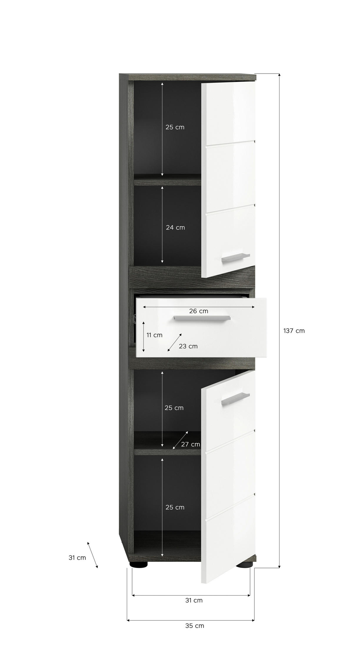 SREDNJE VISOKA OMARA 35/137/31 cm  - bela/visoki sijaj, Moderno, umetna masa/leseni material (35/137/31cm) - MID.YOU