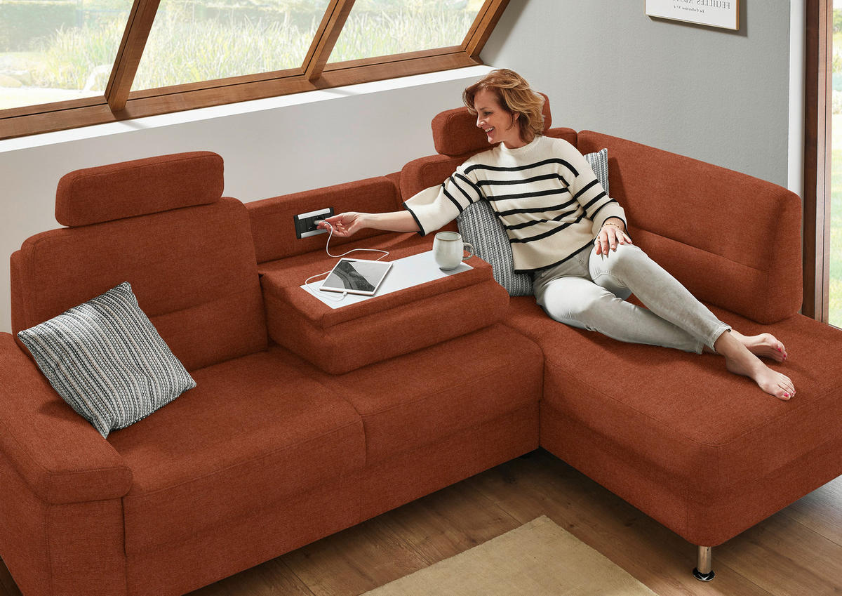 ECKSOFA  in Flachgewebe Terracotta  244/160 cm  - Terracotta/Alufarben, KONVENTIONELL, Textil/Metall (244/160cm) - Beldomo Comfort