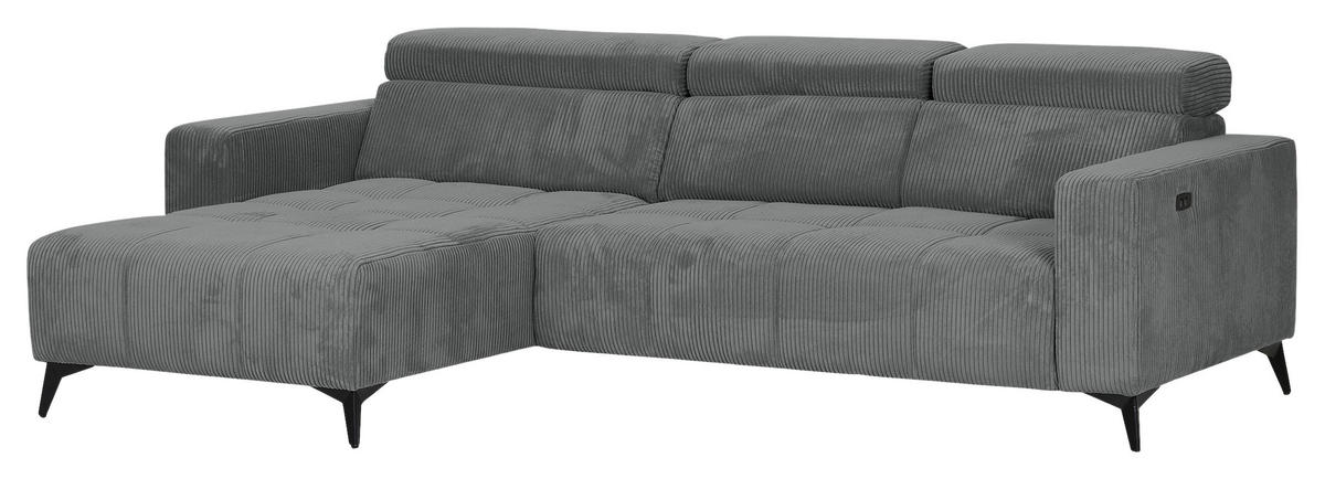 ECKSOFA Dunkelgrau Cord Rücken echt, Kopfteilverstellung, Sitzvorzug  - Dunkelgrau/Schwarz, KONVENTIONELL, Textil/Metall (170/257cm) - Carryhome