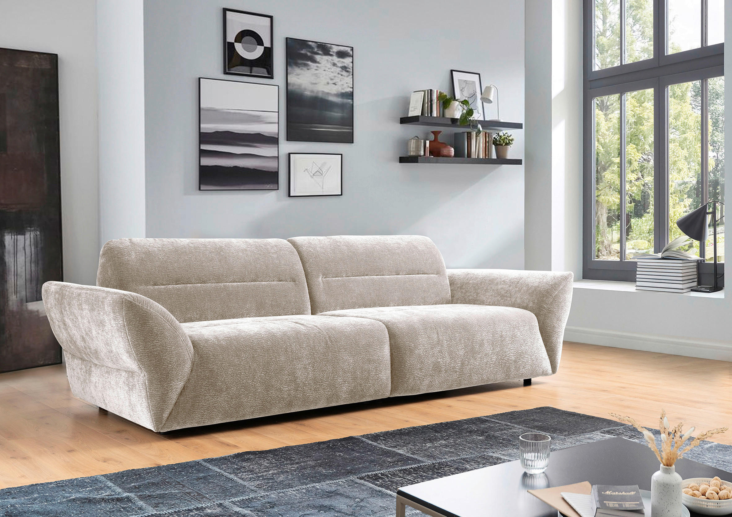 BIGSOFA in Chenille Creme  - Creme/Schwarz, Konventionell, Kunststoff/Textil (300/91/116cm) - Sit & More