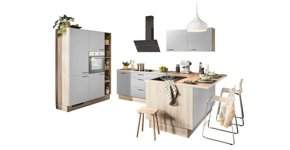ECKKÜCHE in Hellgrau, Tannenholzfarben - Tannenholzfarben/Hellgrau, Design, Holzwerkstoff/Metall (150/280/121,6cm) - Xora