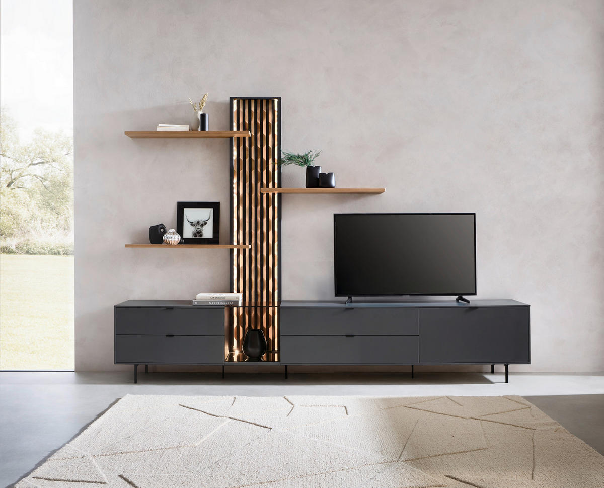 LOWBOARD  267/189/42 cm 4 Schublade(n) stehend, Beleuchtung  - Eichefarben/Anthrazit, Design, Holz/Holzwerkstoff (267/189/42cm) - Moderano