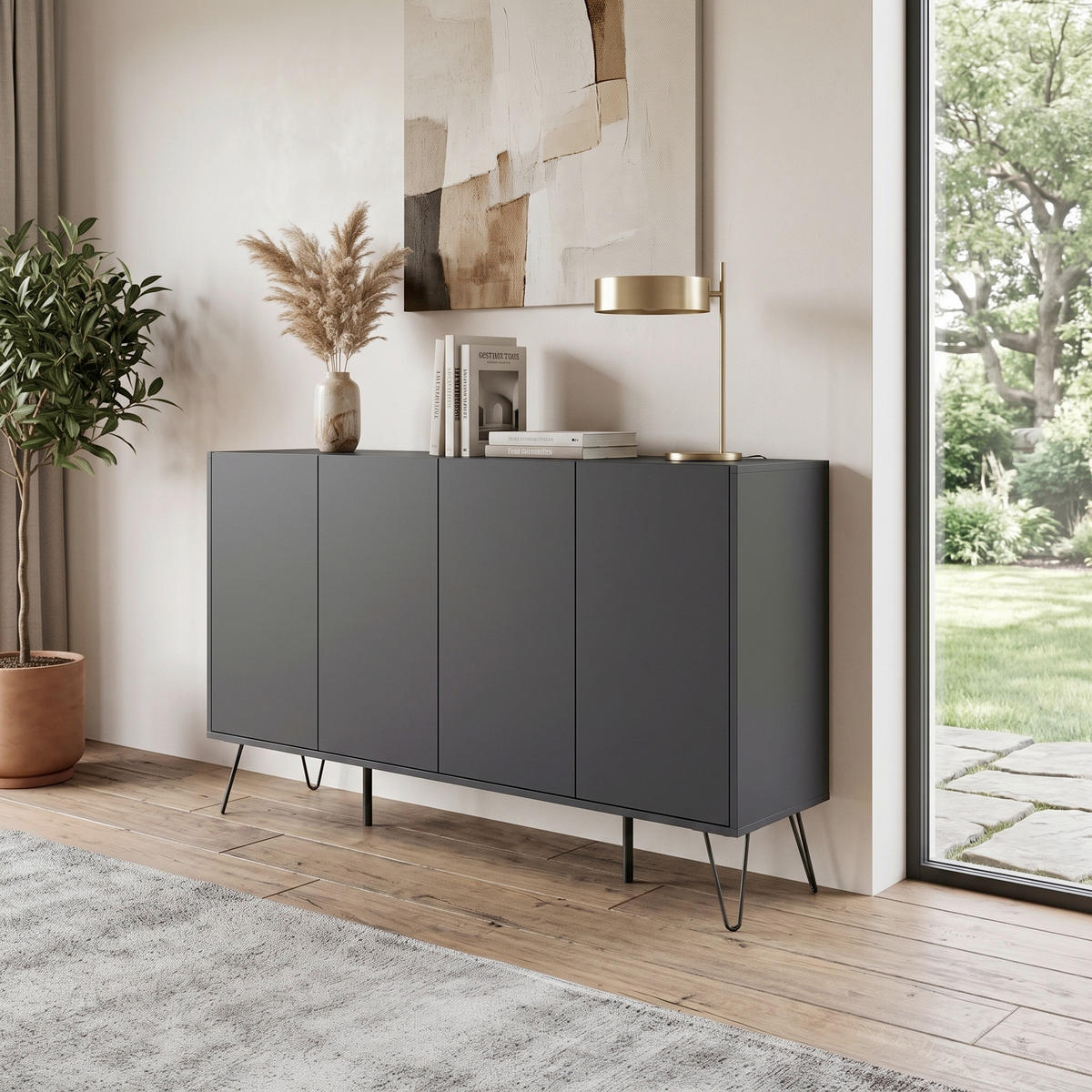 SIDEBOARD Posseik Industrial 155/93,6/42 cm  - Graphitfarben/Schwarz, Design, Holzwerkstoff/Metall (155/93,6/42cm) - MID.YOU