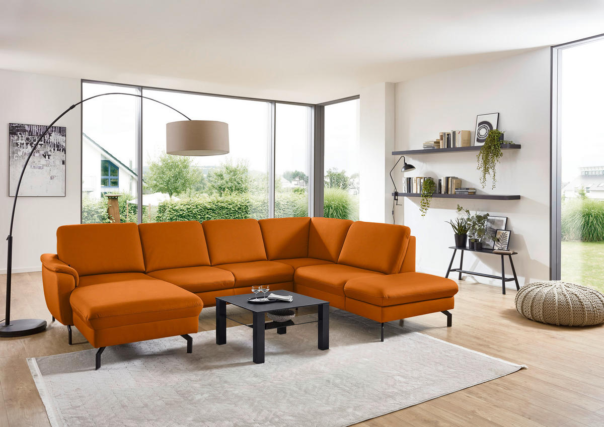 WOHNLANDSCHAFT Echtleder Orange  - Schwarz/Orange, Konventionell, Leder/Metall (168/306/224cm) - Beldomo Premium