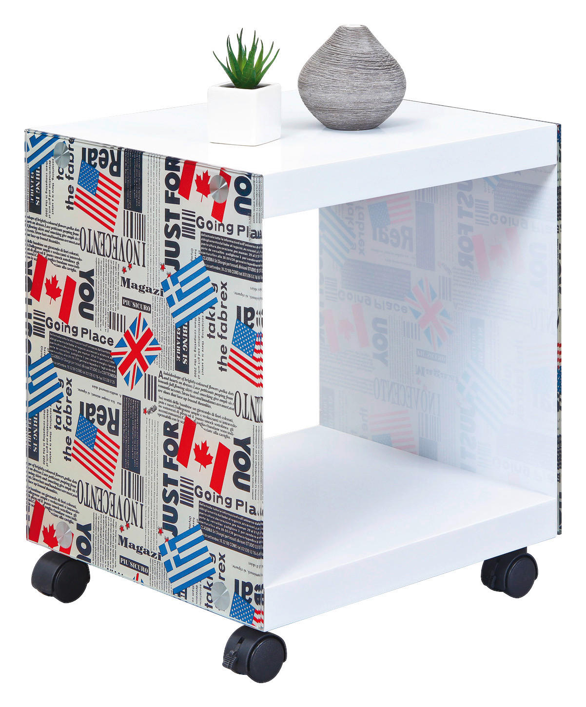 Couchtisch Mit Ablagefach + Rollen Flagcube, Weiß/mix